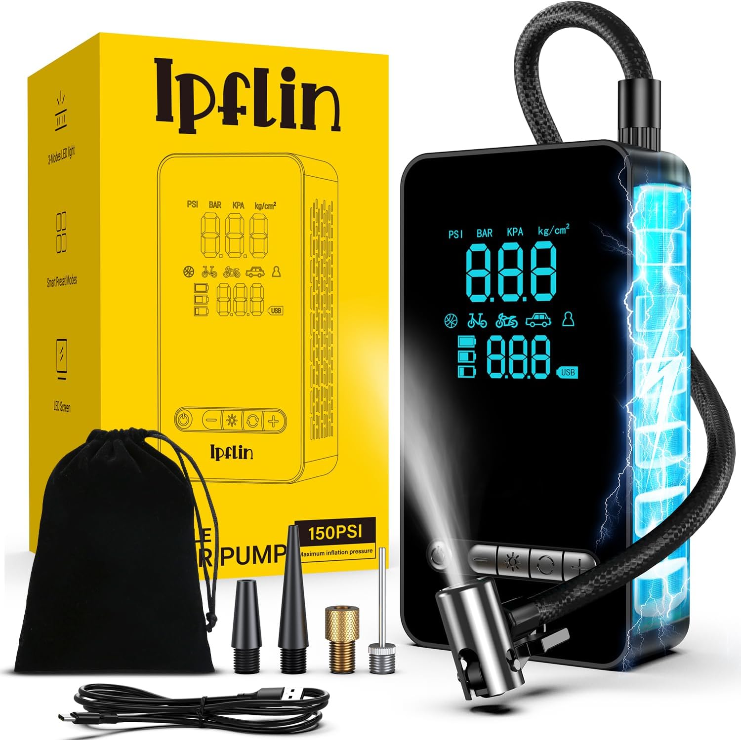 Ipflin Compressore Aria Portatile 150 PSI per Auto e Bici