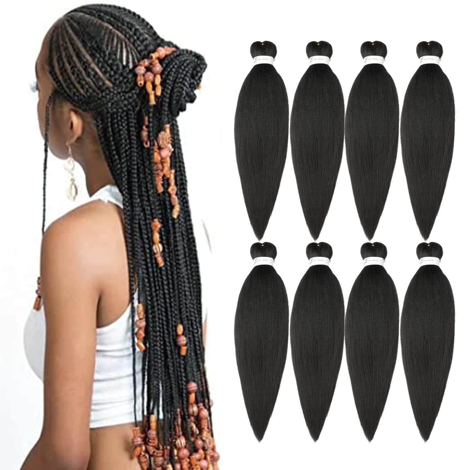 Detalle de Ubeleco 20-Inch Pre-Stretched Braiding Hair, 8-Pack, #2 Yaki Synthetic Fiber
