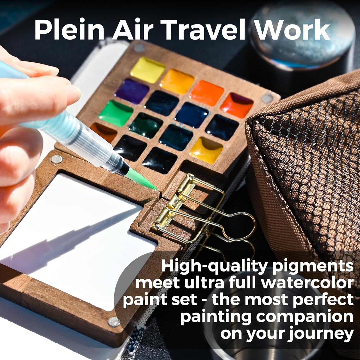 Thumbnail 5 de Funto Mini Watercolor Paint Set (15-Color) Walnut Wood Pocket Travel Kit with Crossbody Bag