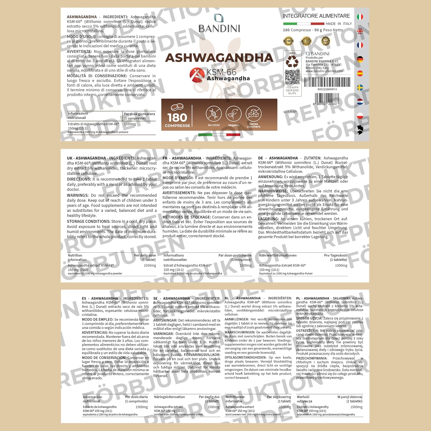 Detalle de BANDINI Ashwagandha KSM-66, 180 tabletter med 5 % withanolider