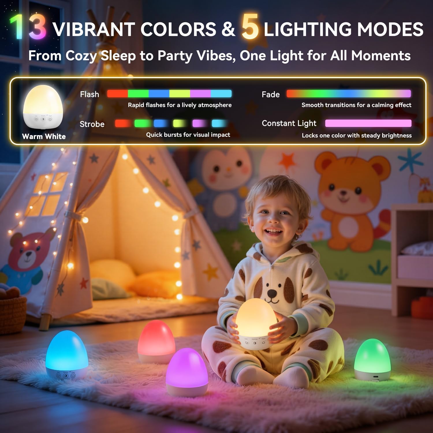 Thumbnail 1 de Auxmir Night Light for Kids: Egg Lamp for Baby Nursery with 3000mAh Battery, 13 Colours, 5 Modes, Remote & Timer