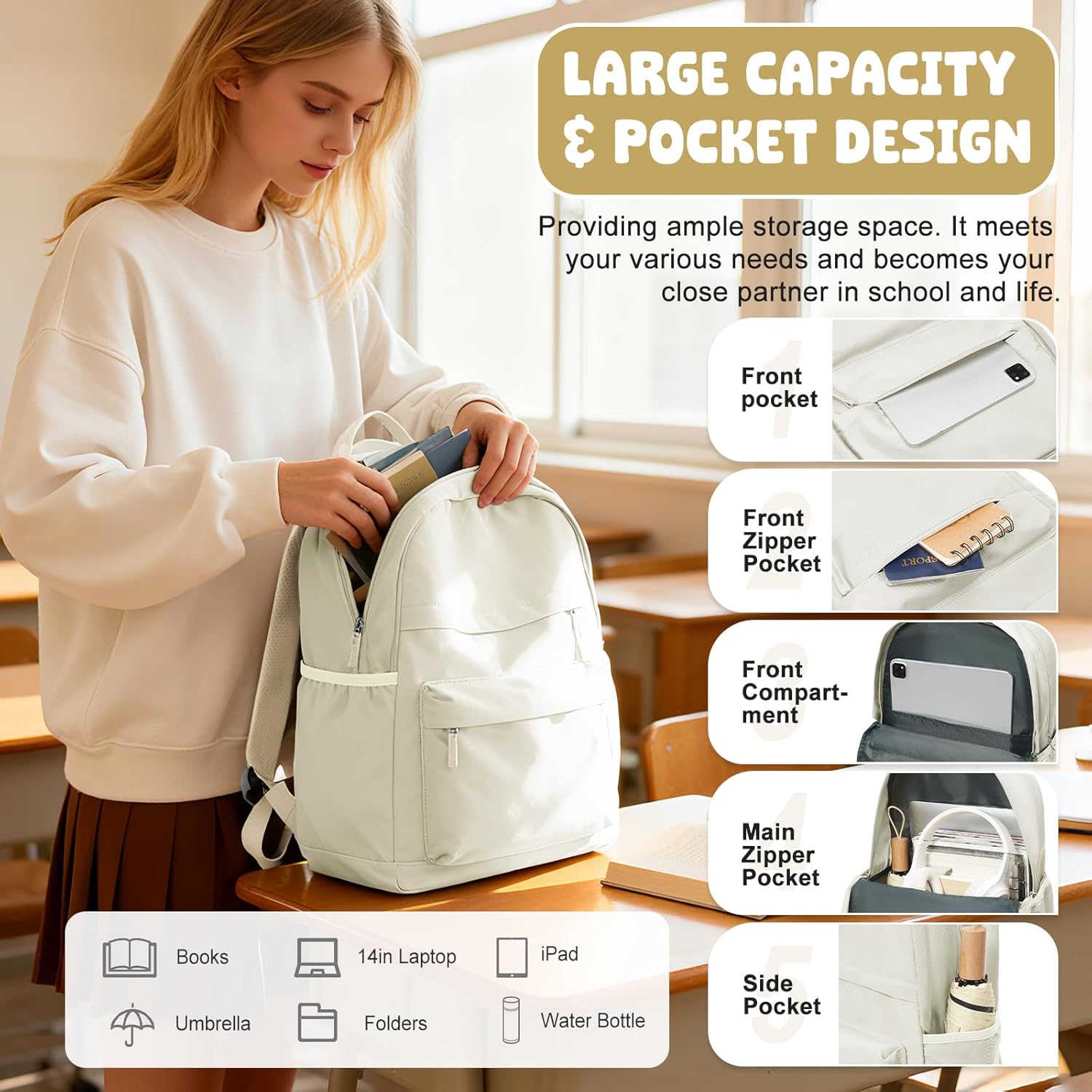 Detalle de Lightweight School Travel Water Resistant Rucksack Backpack