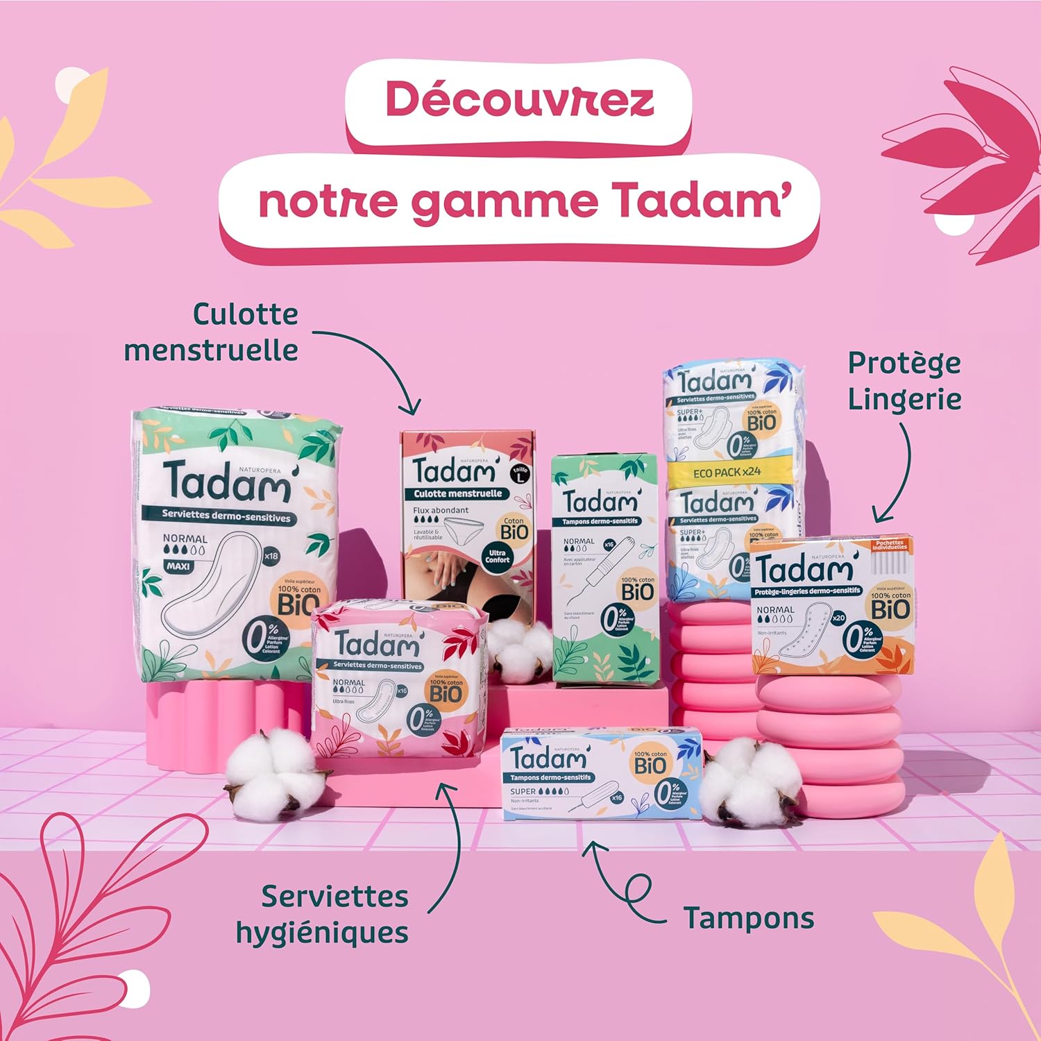 Thumbnail 6 de TADAM’ serviettes hygiéniques bio dermo-sensitives ultra fines à ailettes, flux normal (confort nocturne)