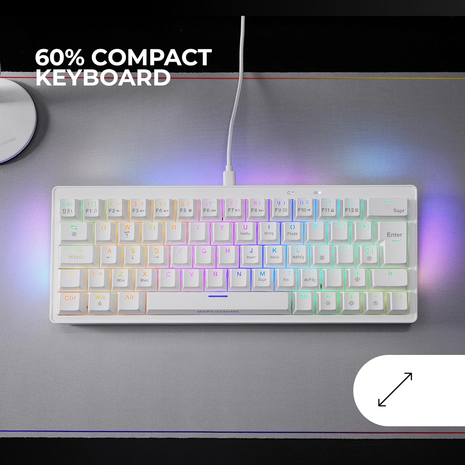 Thumbnail 1 de Mars Gaming MKMINIPRO – clavier mécanique RGB 60% silencieux (switch silencieux), blanc