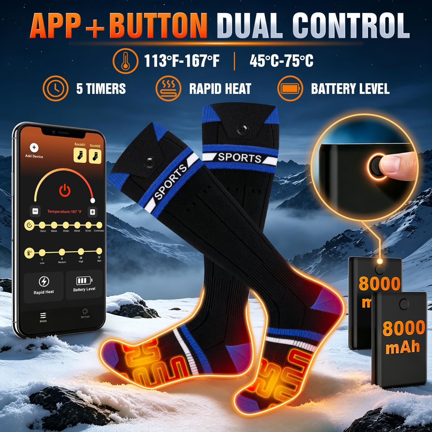 Detalle de VICEPLUS RTX-DRO8L-PB Heated Socks, App Control, Dual 8000mAh Batteries