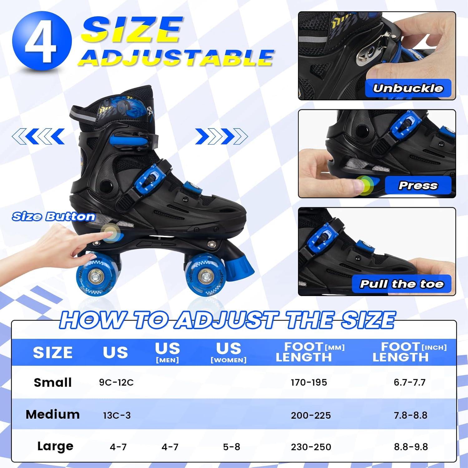 Thumbnail 3 de Nattork Adjustable Roller Skates for Kids (Ages 4–16) — Racing Car Design, ABEC-7 Bearings, Rear Brake
