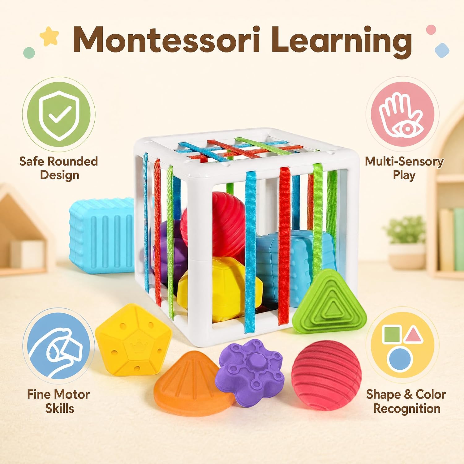Detalle 2 de BLCXTOYZ XB6601 Montessori Shape Sorter Activity Cube, 6-Piece Sensory Toy