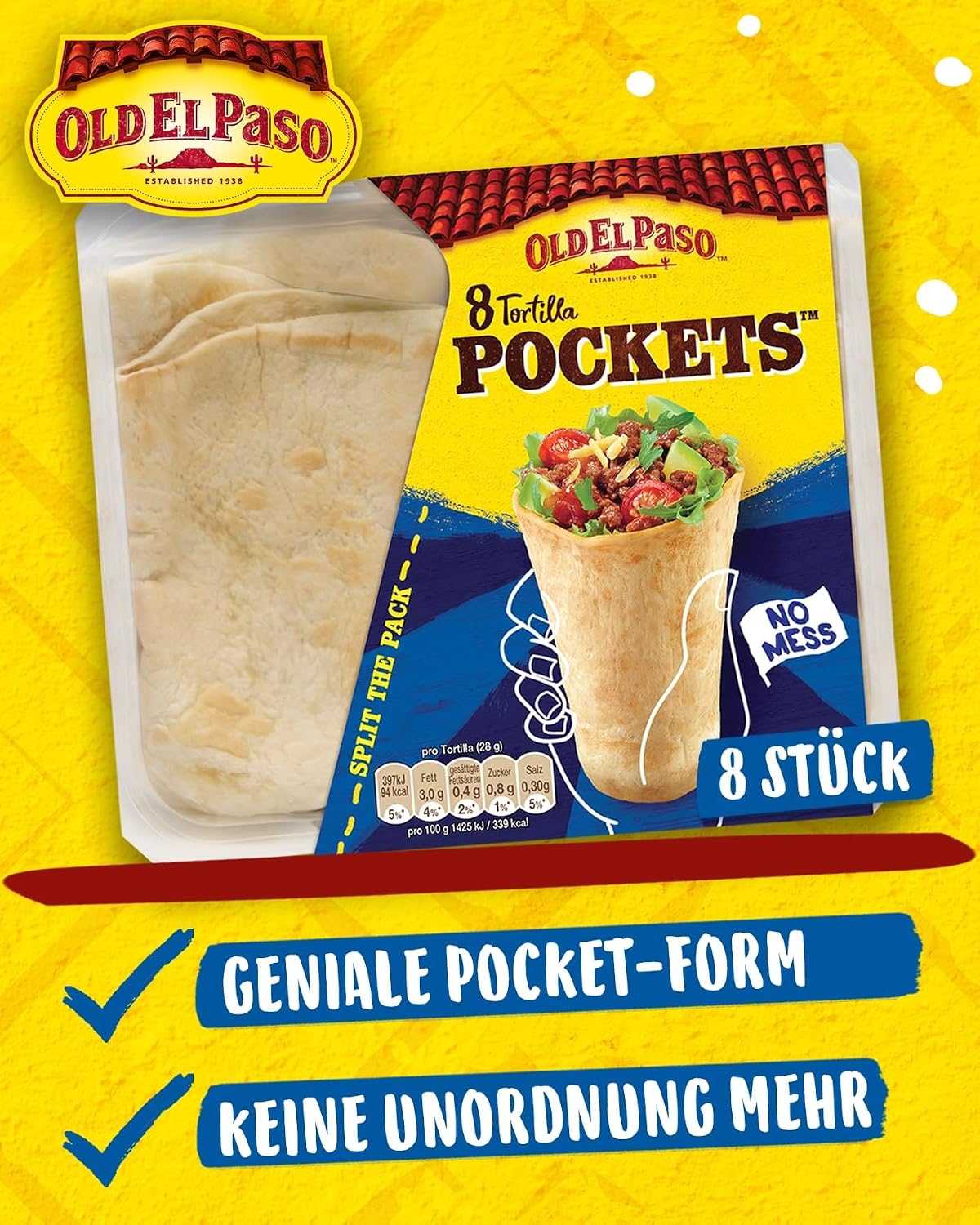 Detalle de Old El Paso Weizen Tortilla Pockets – mexikanische Wraps zum Befüllen (223 g, Packung mit 4)