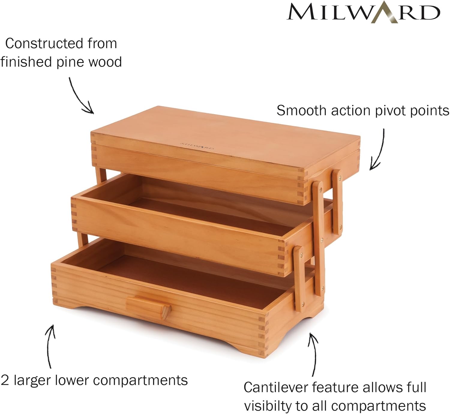 Thumbnail 5 de Milward boîte de rangement pour couture en porte-à-faux en bois de pin à 3 niveaux