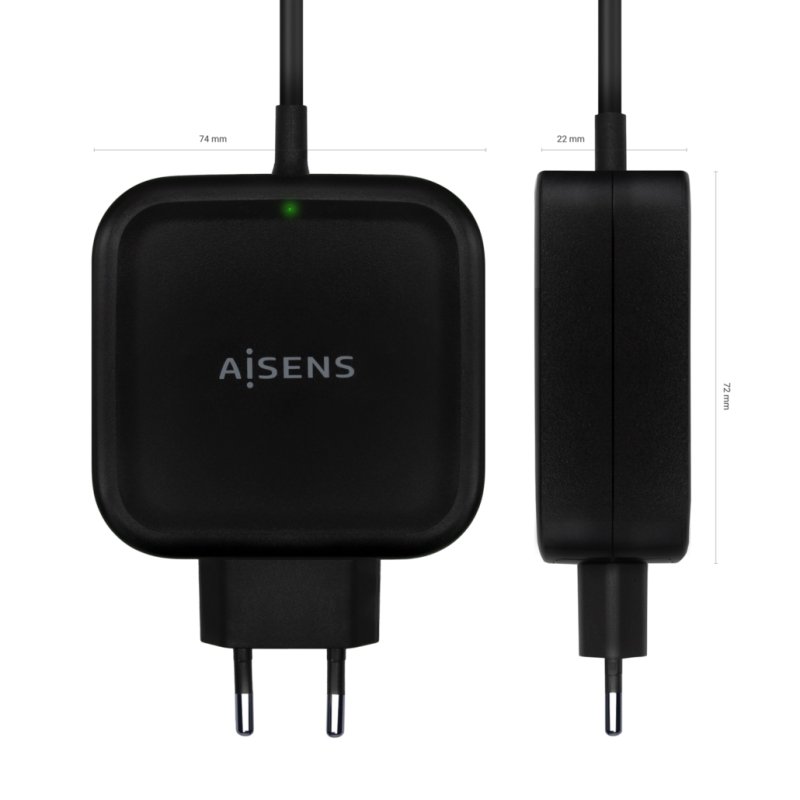 Detalle 2 de Aisens ASCH-1PD65WL-BK: Cargador de Pared USB-C 65W con Cable 1.2 m, Negro