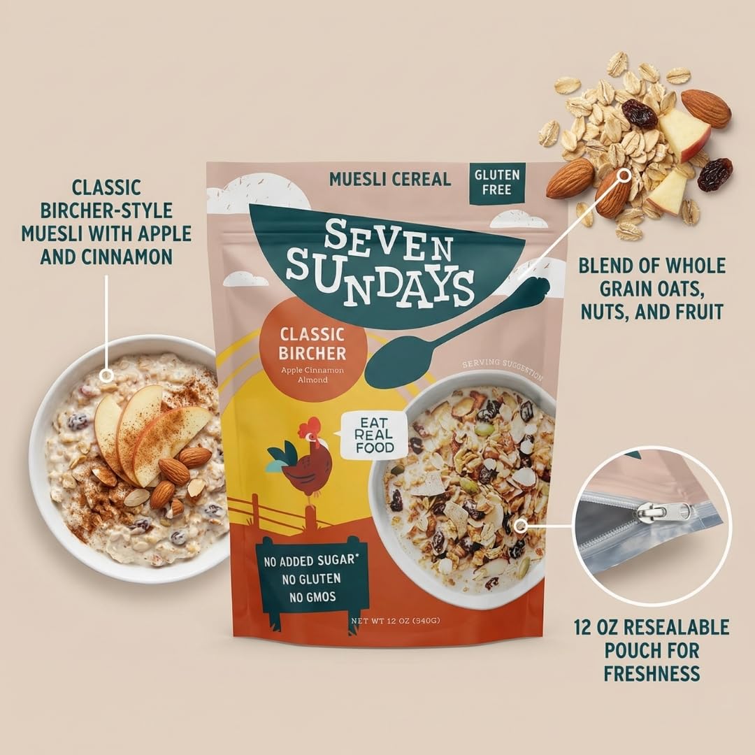 Detalle de Seven Sundays Classic Bircher Apple Cinnamon Almond Muesli Cereal, 12 oz Pouch