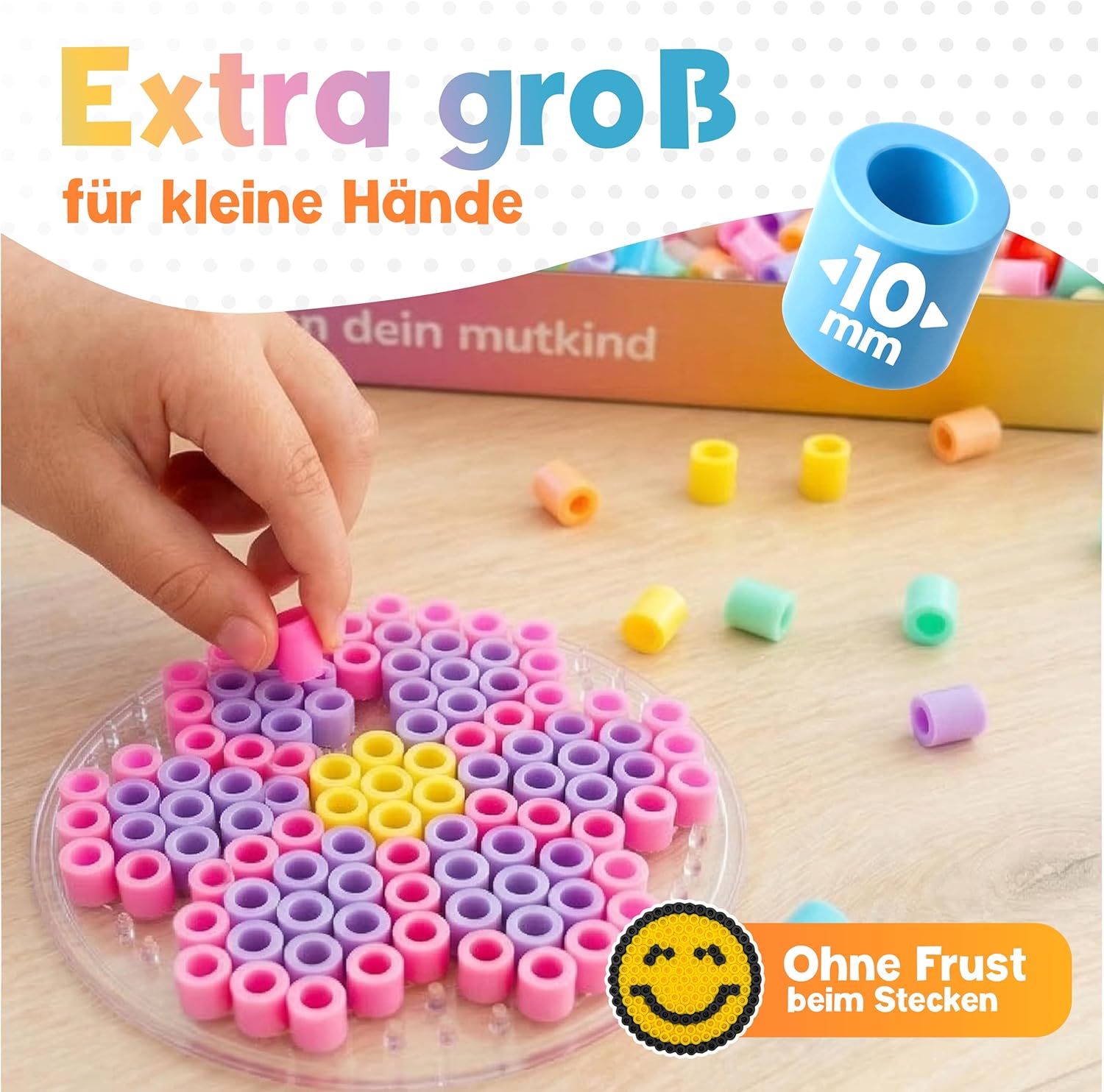 Detalle de MUTKIND® 2500x Bügelperlen Groß 10mm – XL Steckperlen Set mit 10 Farben, ab 3 Jahren
