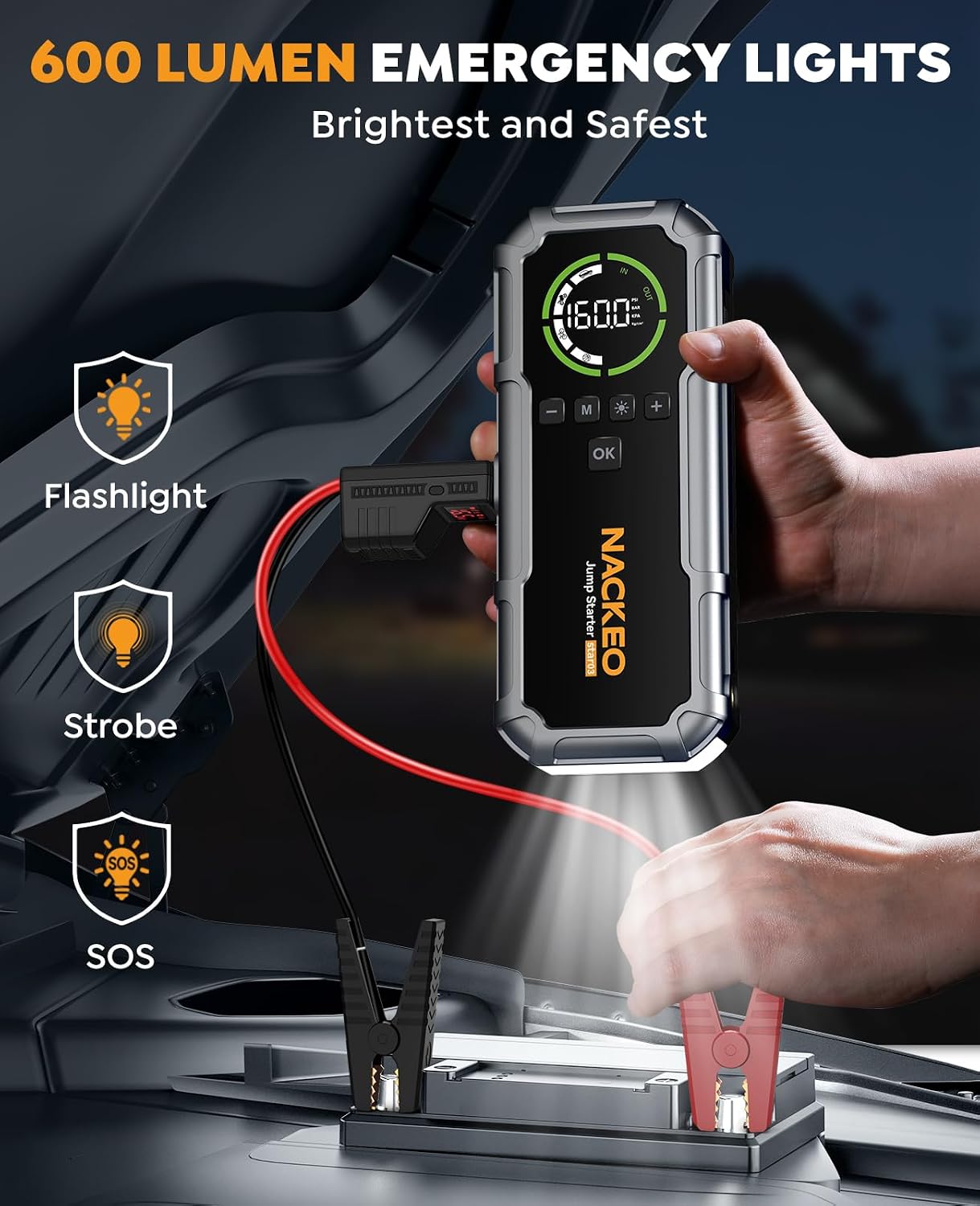 Detalle 2 de 7000A Jump Starter Power Pack with 160PSI Air Compressor,Car Battery Booster Jump Starter for 12V Vehicle(Up to All Petrol/10L Diesel),Car Jump Pack with LED Screen,Charging Function,Flashlight
7000A Jump Starter Power Pack with 160PSI Air Com…