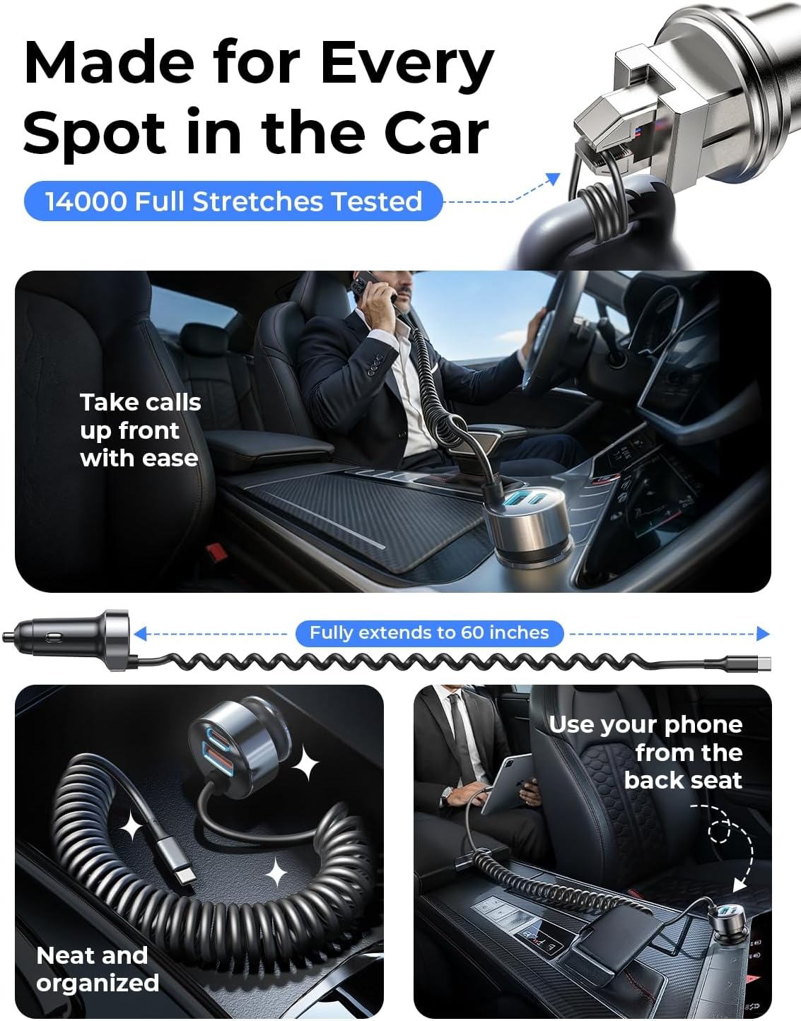 Detalle de LISEN 90W USB-C Car Charger for iPhone & Android with 30W USB-C Cable (Spiral Cord)