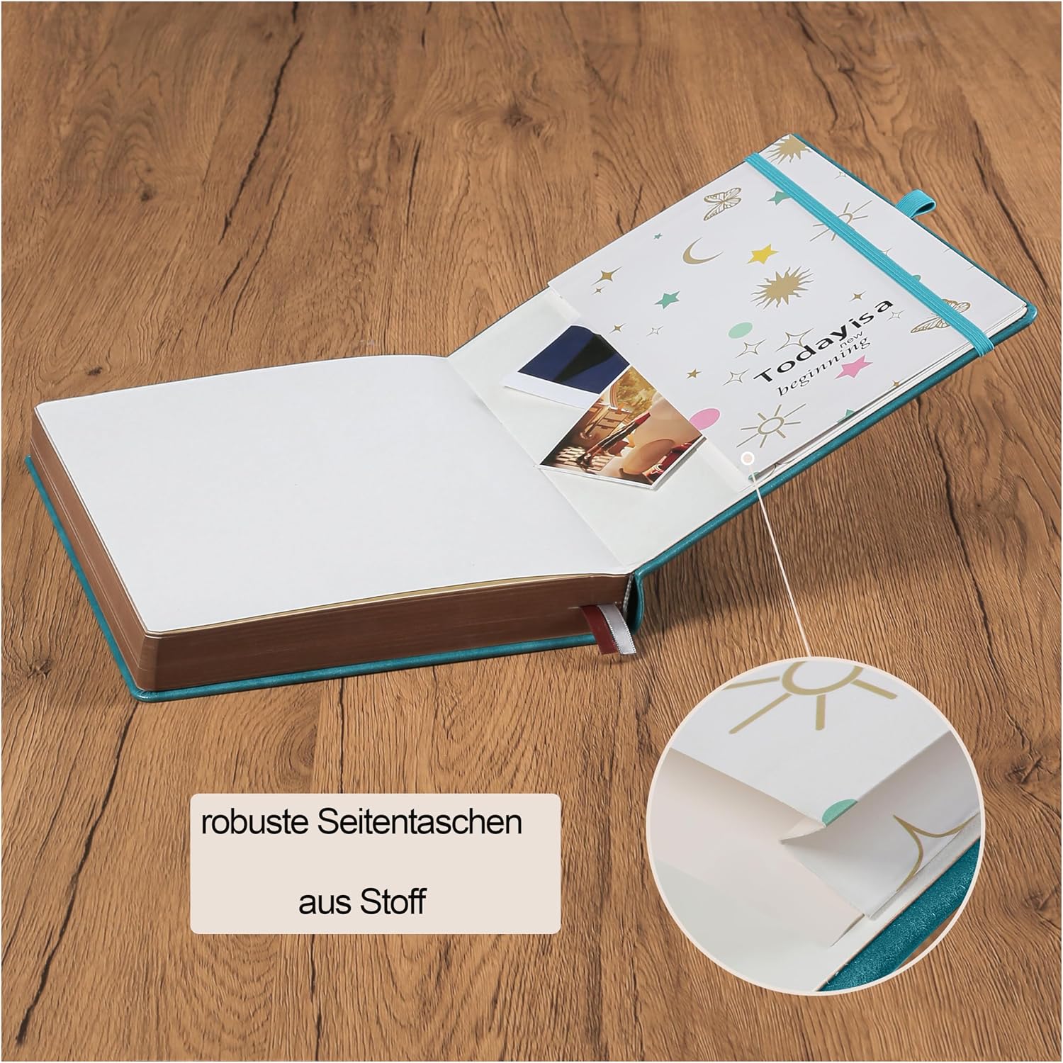 Detalle de HwxBen Notizbuch 14.5 × 21 cm | Liniert, 360 Seiten, PU-Leder Hardcover im Vintage Sonne & Mond Design – Seegrün