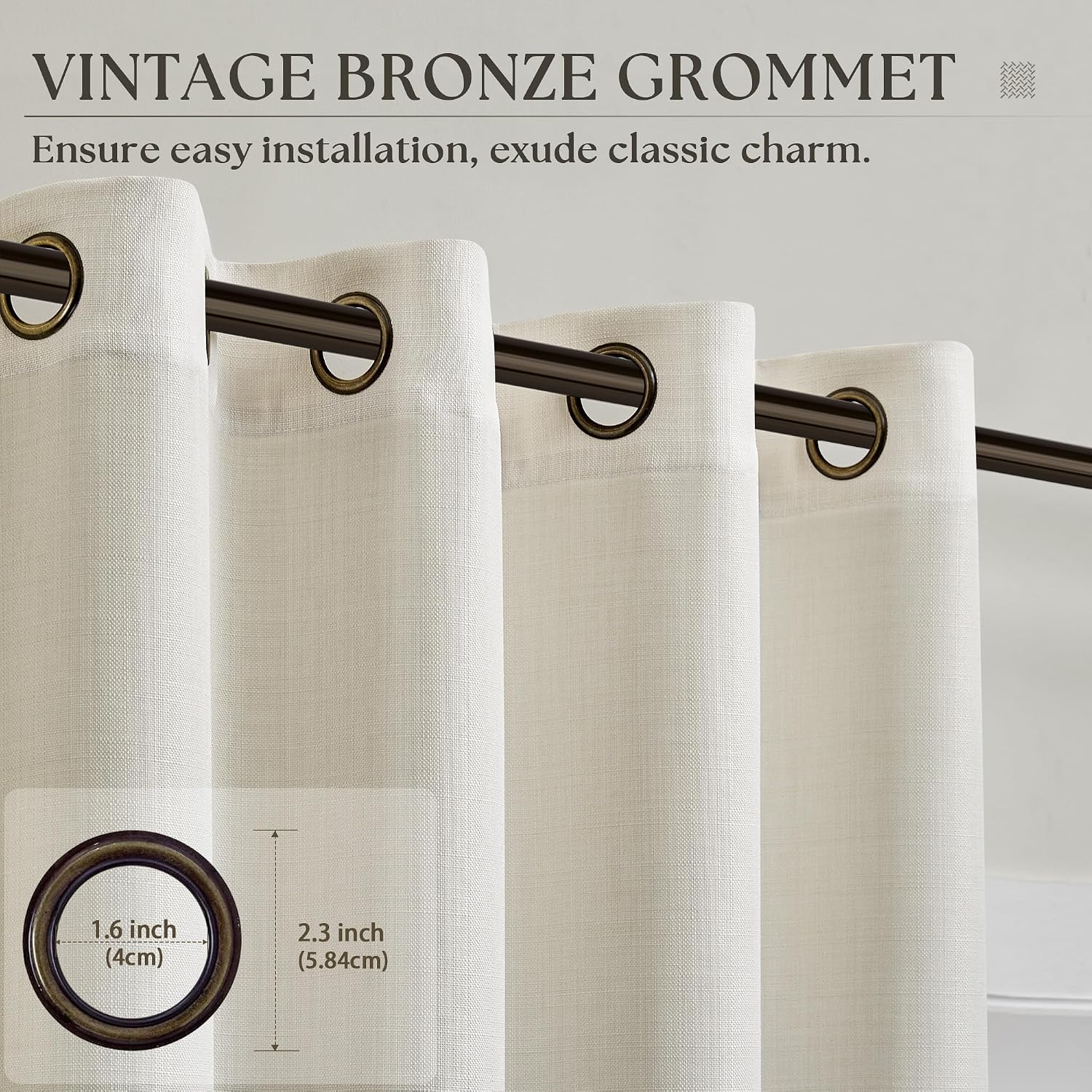 Thumbnail 2 de Natural Cream Linen Curtains 108 Inches Long with Bronze Grommets, 2-Panel Set