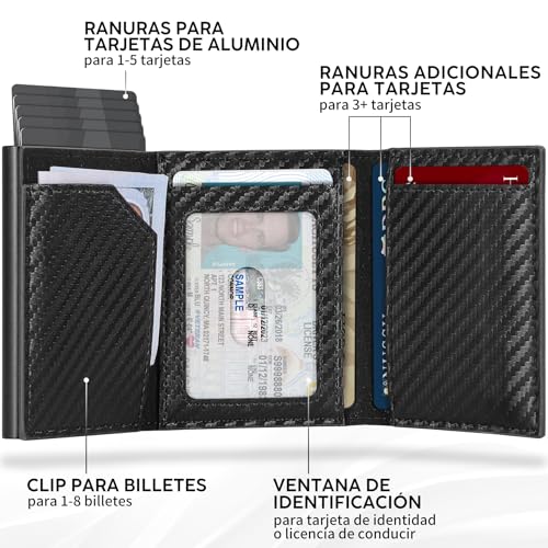 Detalle 2 de TENBST Carteras para Hombre: porta tarjetas de fibra de carbono con protección RFID, diseño minimalista y cierre magnético