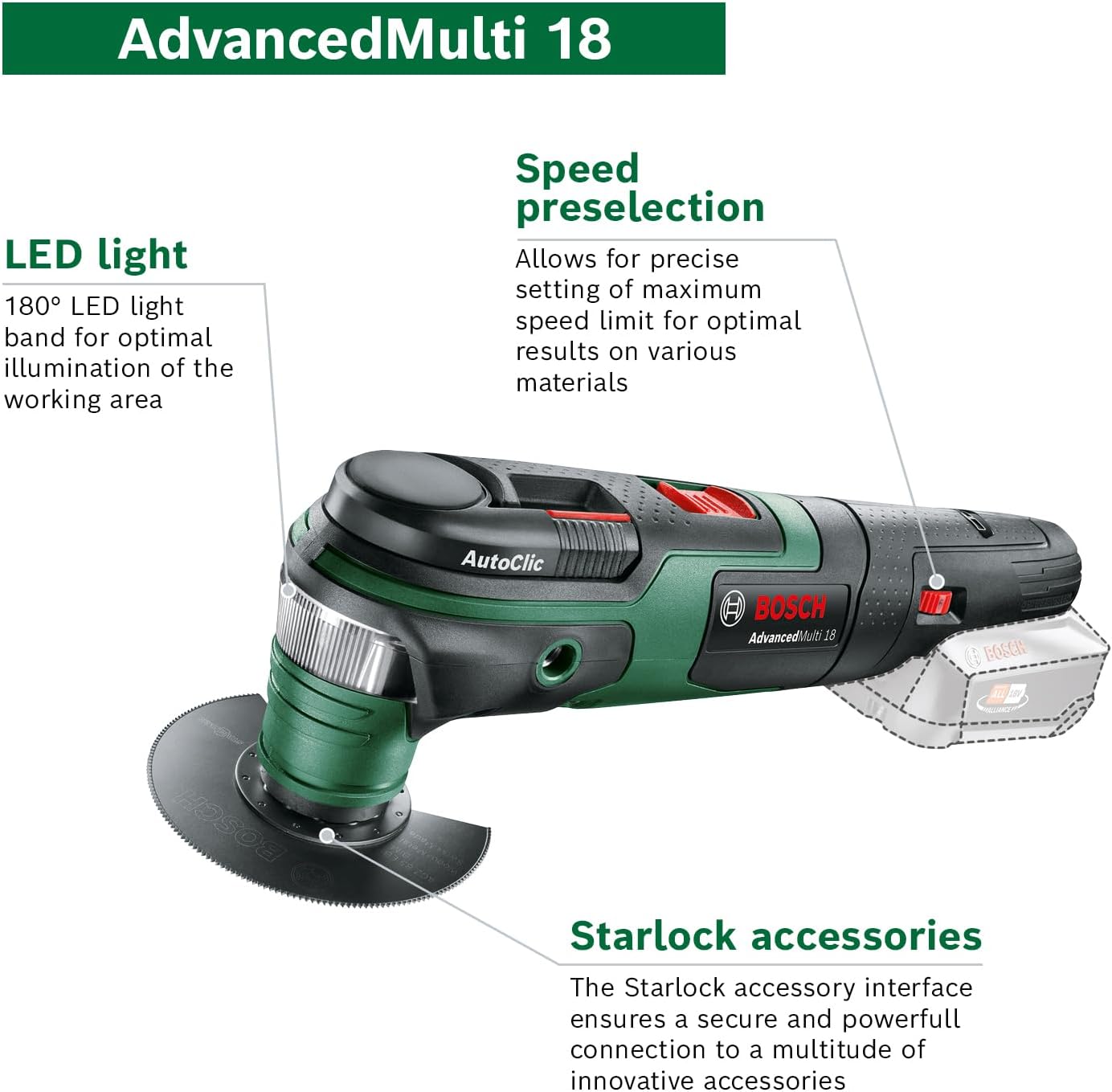 Thumbnail 2 de Bosch AdvancedMulti 18 Cordless Multifunction Tool (Green) with 18 V Li-ion Battery
