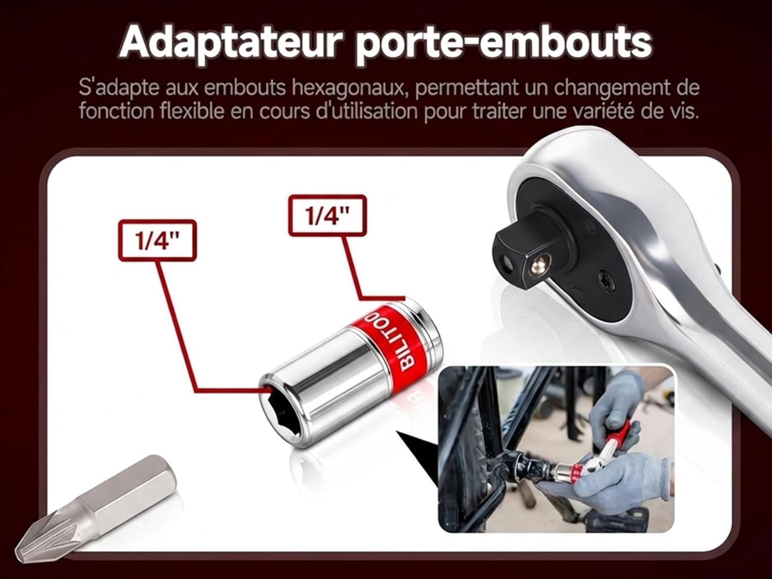 Thumbnail 2 de BILITOOLS – Jeu de 7 rallonges 1/4" avec joint Cardan et adaptateurs (75/150/225/300 mm) en acier Cr-V