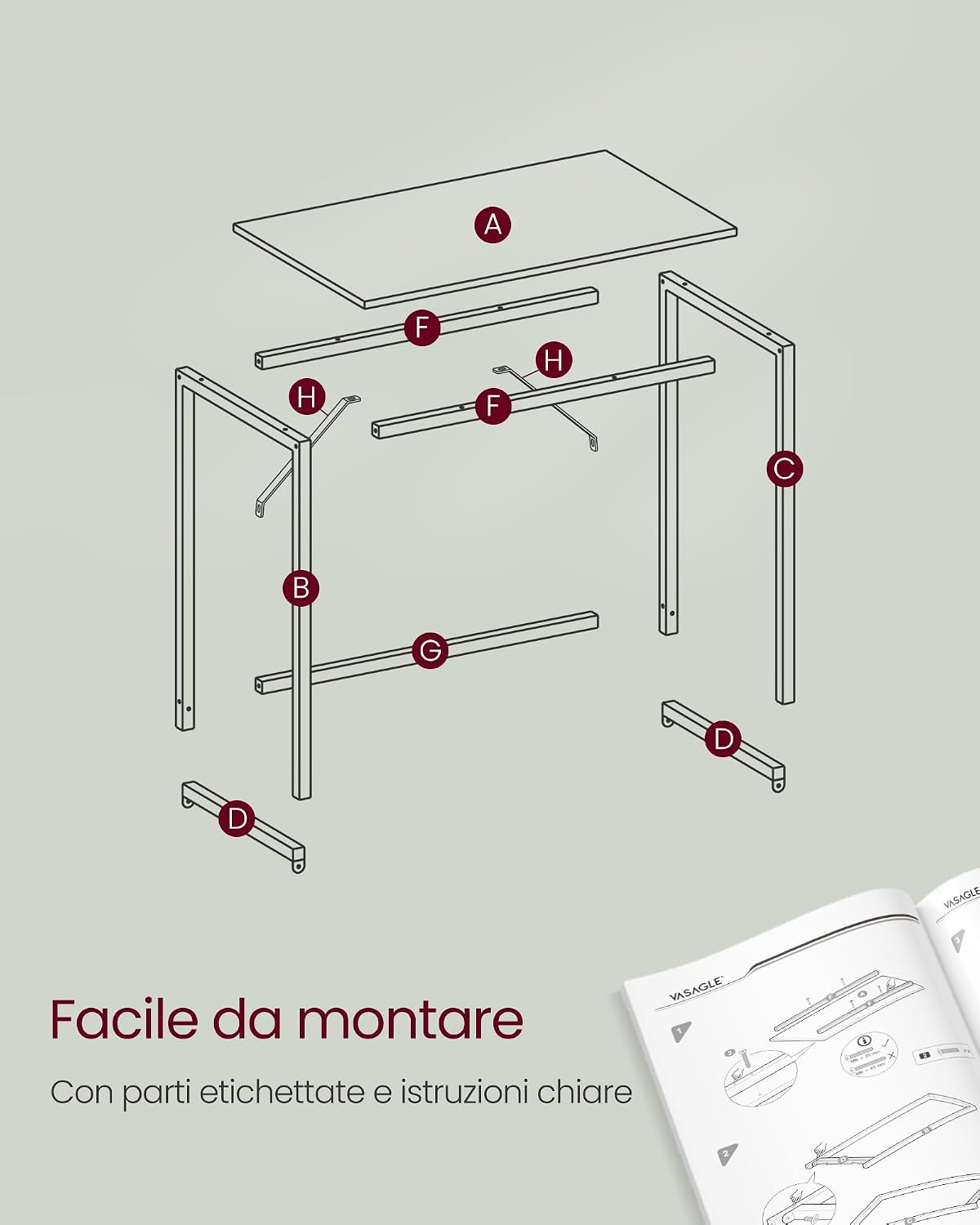Detalle de VASAGLE Scrivania per computer LWD039W01 bianco acciaio 60 x 120 x 76 cm