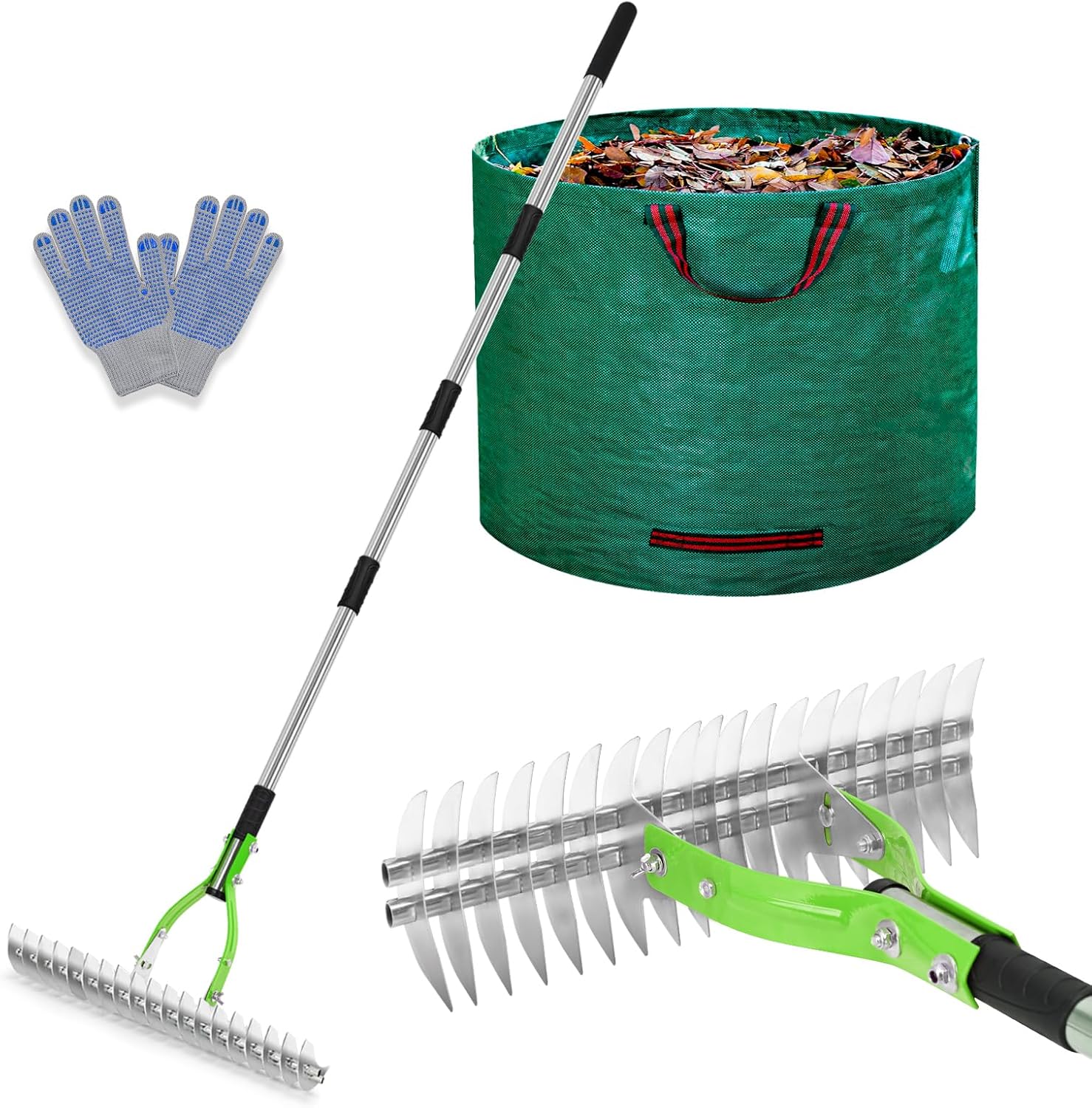 Lychee Garden Rake: 15-Inch Thatching Rake with 19-Gallon Bag & Gloves (Green)