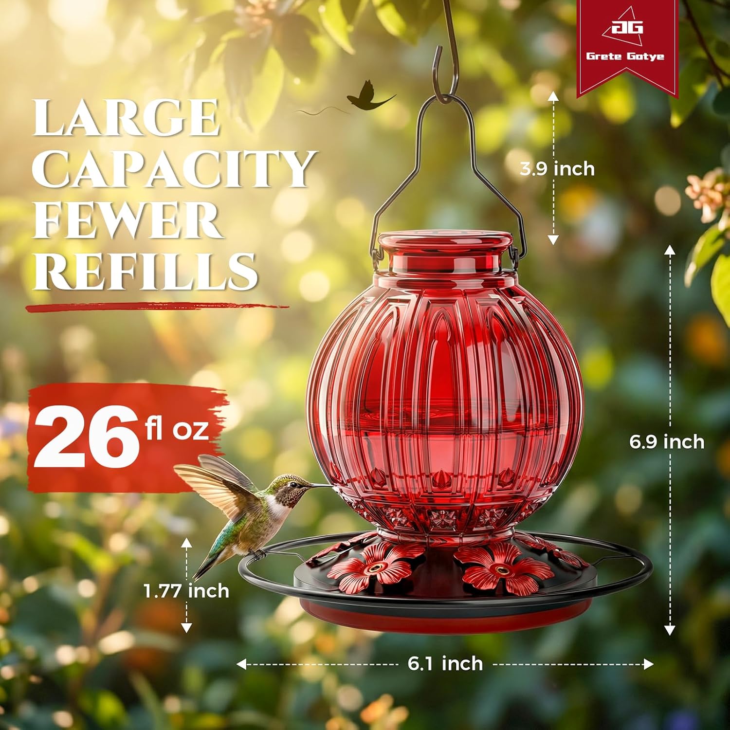 Thumbnail 3 de Glass Hummingbird Feeder 26 oz Red Nectar