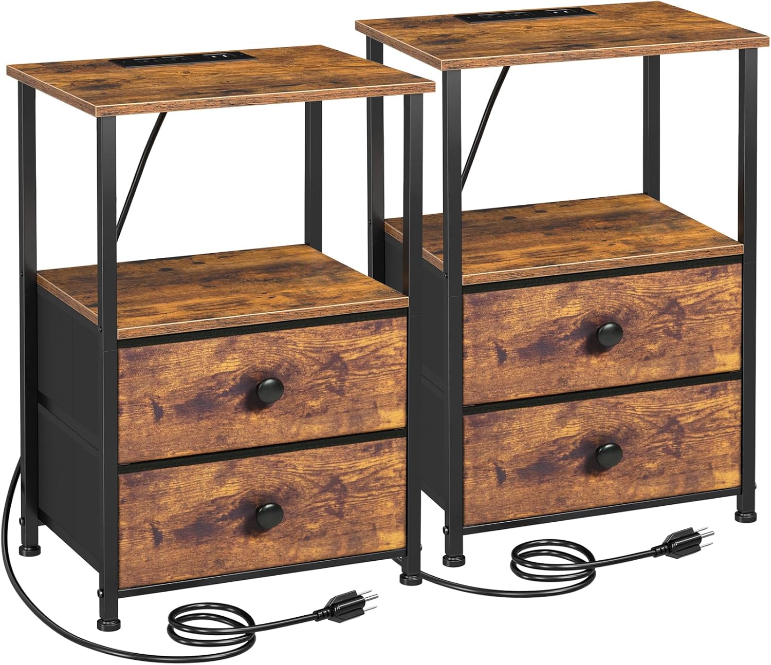 LOAKEKEL Night Stand Set of 2 with Charging Station, 2 Fabric Drawers and Storage Shelves