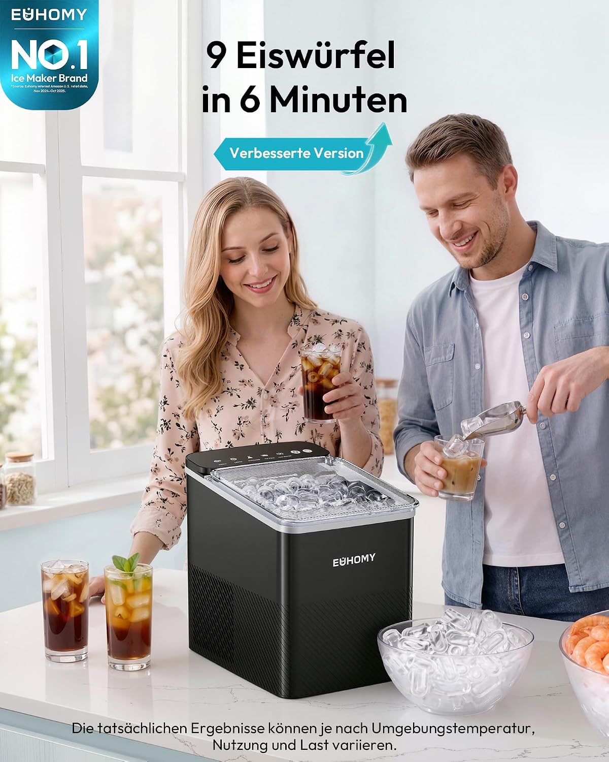 Detalle de EUHOMY Eiswürfelmaschine – kompaktes Design, zwei Eiswürfelgrößen, Ein-Knopf-Bedienung