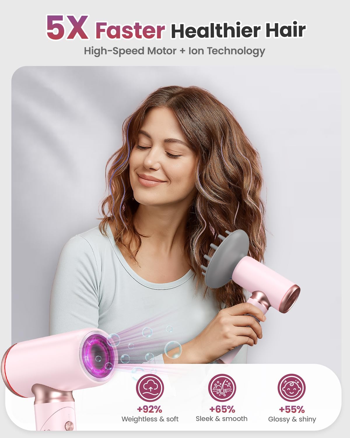 Detalle de Travel Hairdryer Dual Voltage-Foldable Hair Dryer Mini with Magnetic Diffuser — 1300W, 100-240V, Portable Ionic Pink