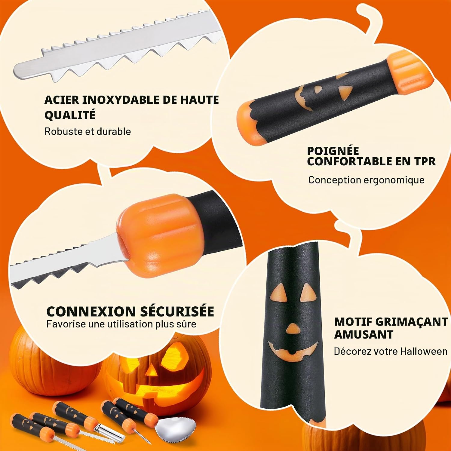 Detalle de HAUSHOF Halloween-pompoensnijset, 23-delig met roestvrijstalen stansvormen