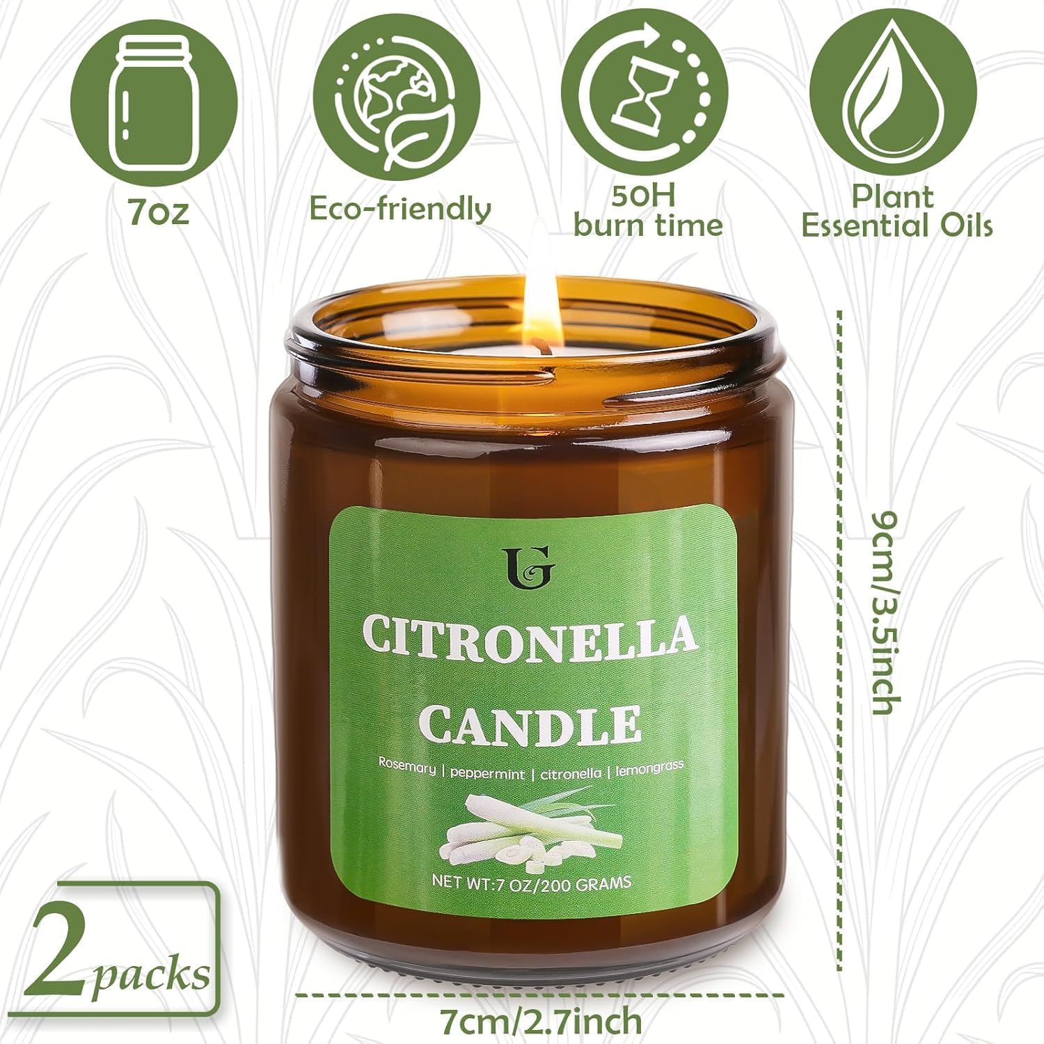 Detalle 2 de Citronella Candles Outdoor: Large 7oz Lemongrass Soy Jar (2-Pack) for Patio, Garden, and Camping