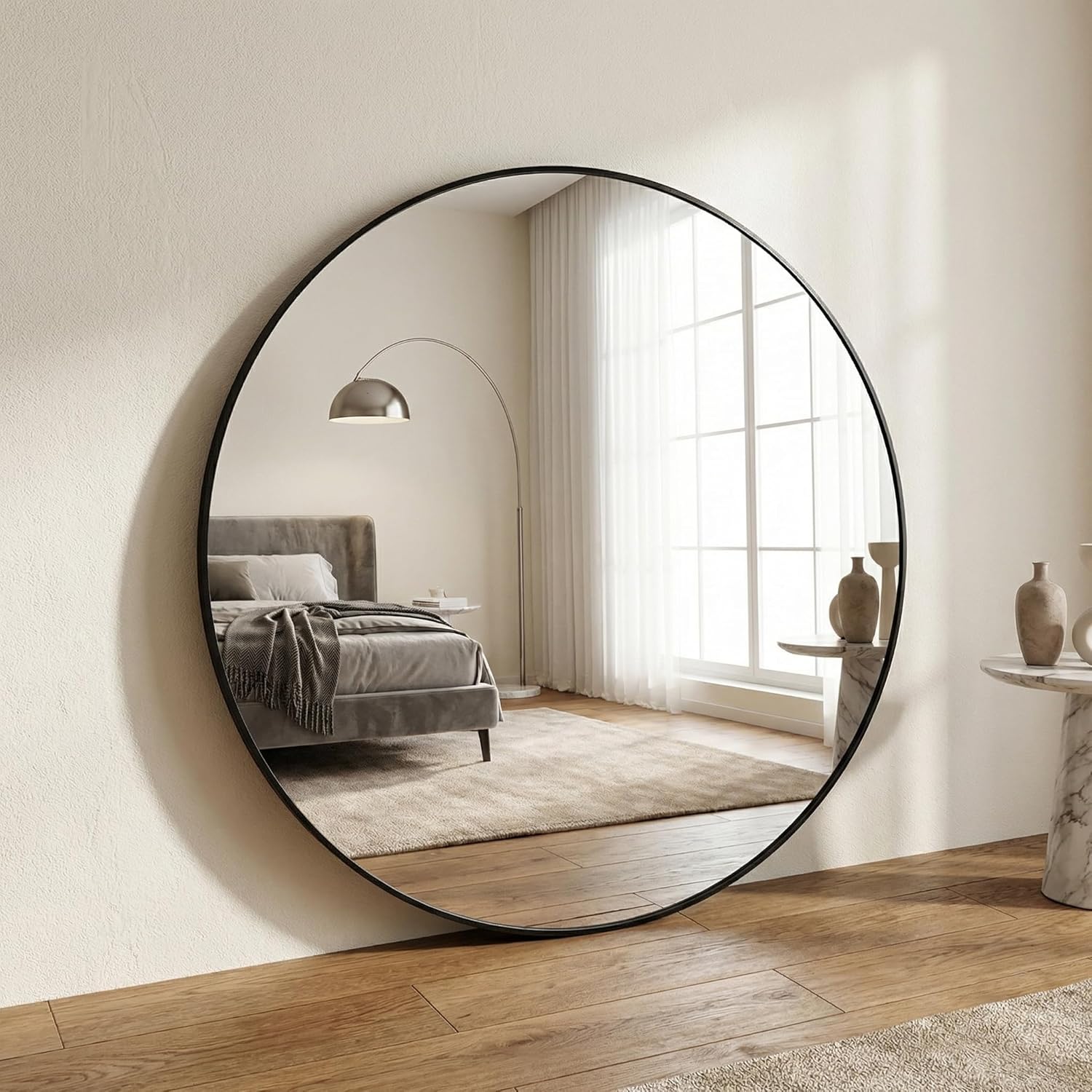 Detalle de BEAUTYPEAK 106 cm runder Wandspiegel mit bruchsicherem Glas und Aluminiumrahmen in Schwarz