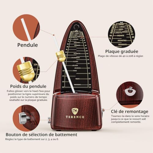 Detalle de TERENCE Métronome mécanique à cloche, noyer — précision et élégance pour s’entraîner