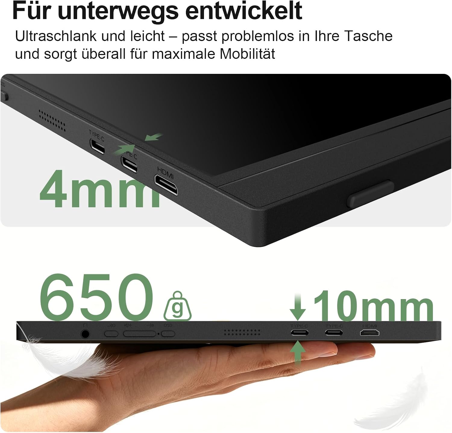 Detalle de GEESUU 15,6 Zoll tragbarer Monitor – FHD IPS Display, HDR, USB-C/HDMI, integrierte Lautsprecher