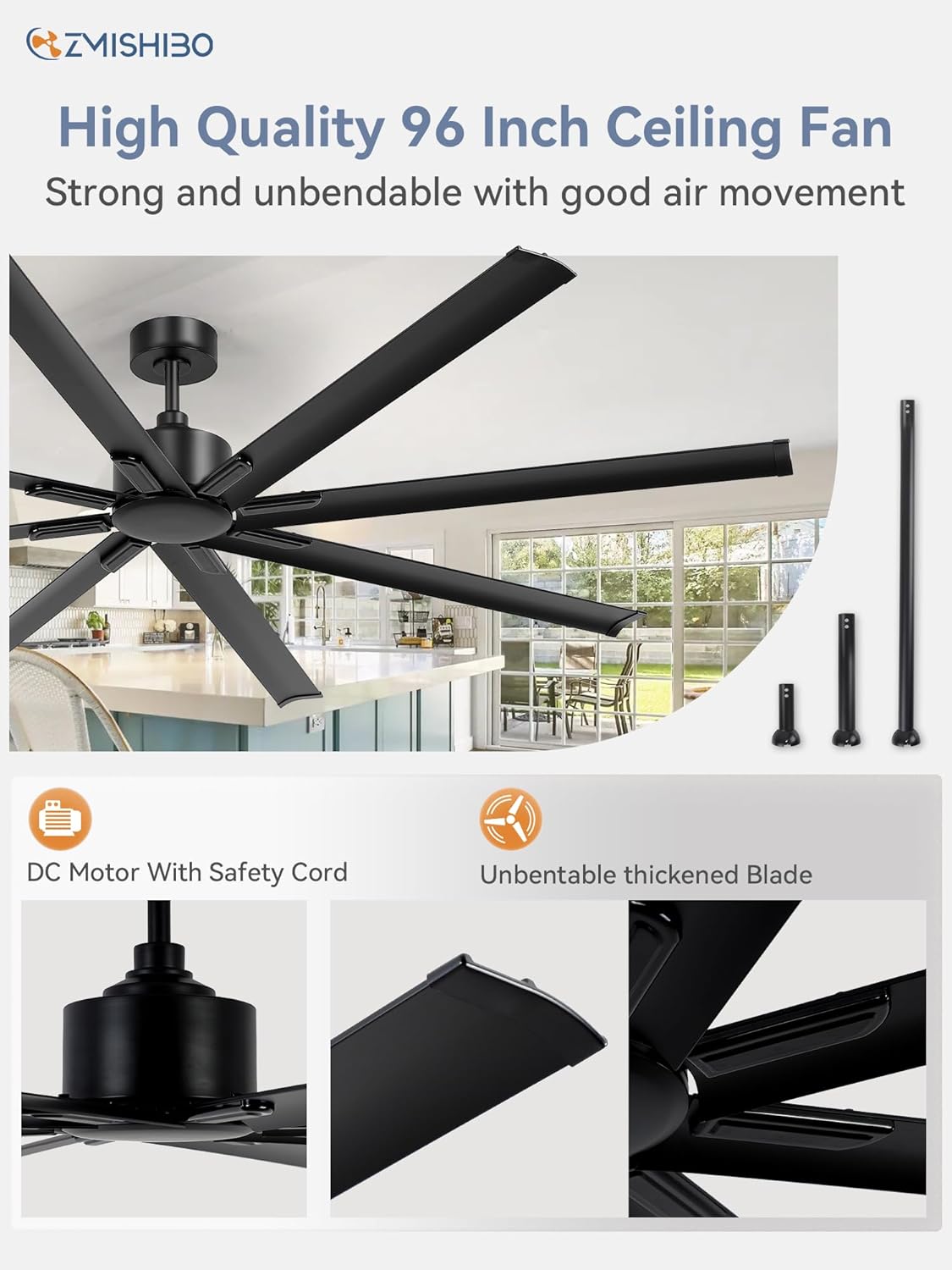 Detalle de ZMISHIBO SY96 96-Inch Industrial Ceiling Fan, 8 Aluminium Blades, Remote
