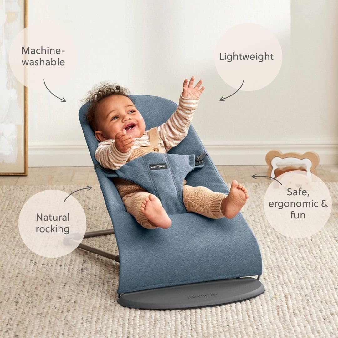 Detalle de BabyBjörn Transat Bliss, Tissé chiné Bleu — transat ergonomique pour bébé 0–2 ans (3,5–13 kg)