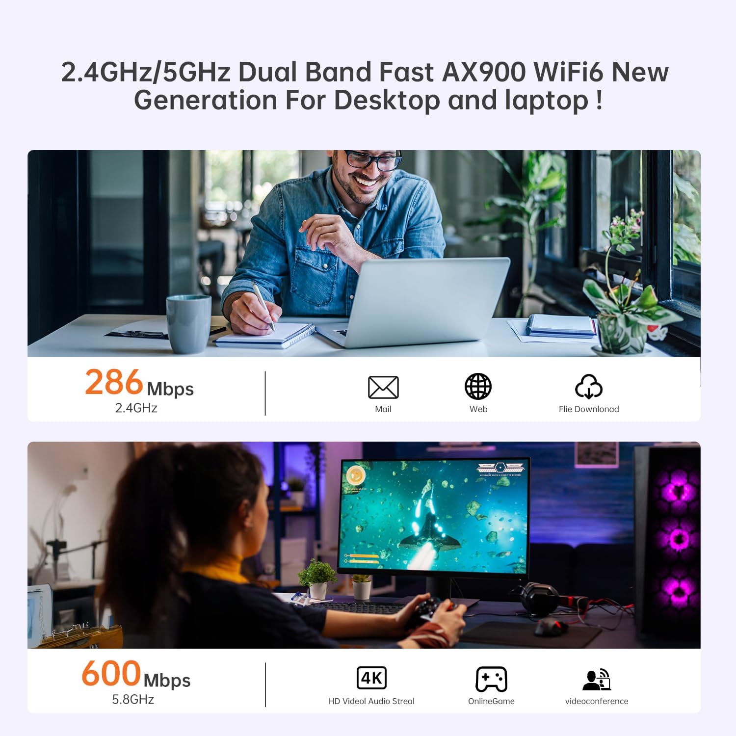 Thumbnail 4 de PLERY AX900: Bluetooth & WiFi 6 USB Dongle for PC (Dual Band, High-Gain Antennas)