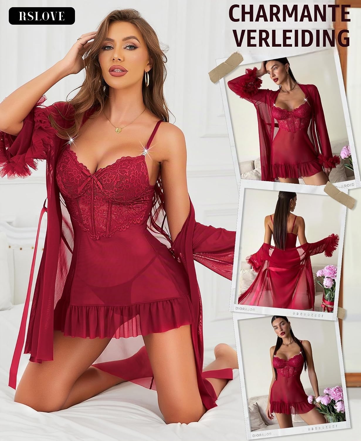 Detalle 2 de RSLOVE 2-delige kanten lingerieset met babydoll en badjas