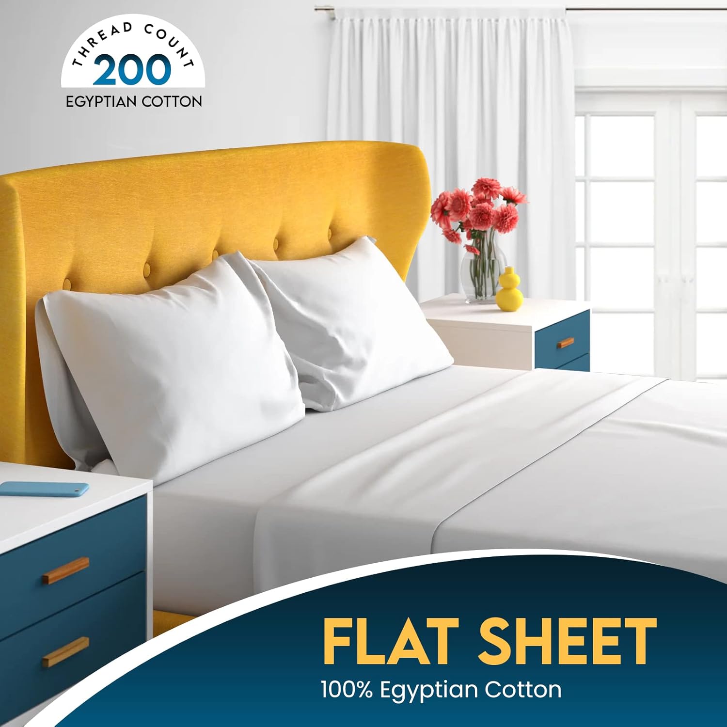 Detalle de Sunshine Comforts Egyptian Cotton Flat Sheet (Double, 240 x 254 cm): Breathable, Hypoallergenic and Durable