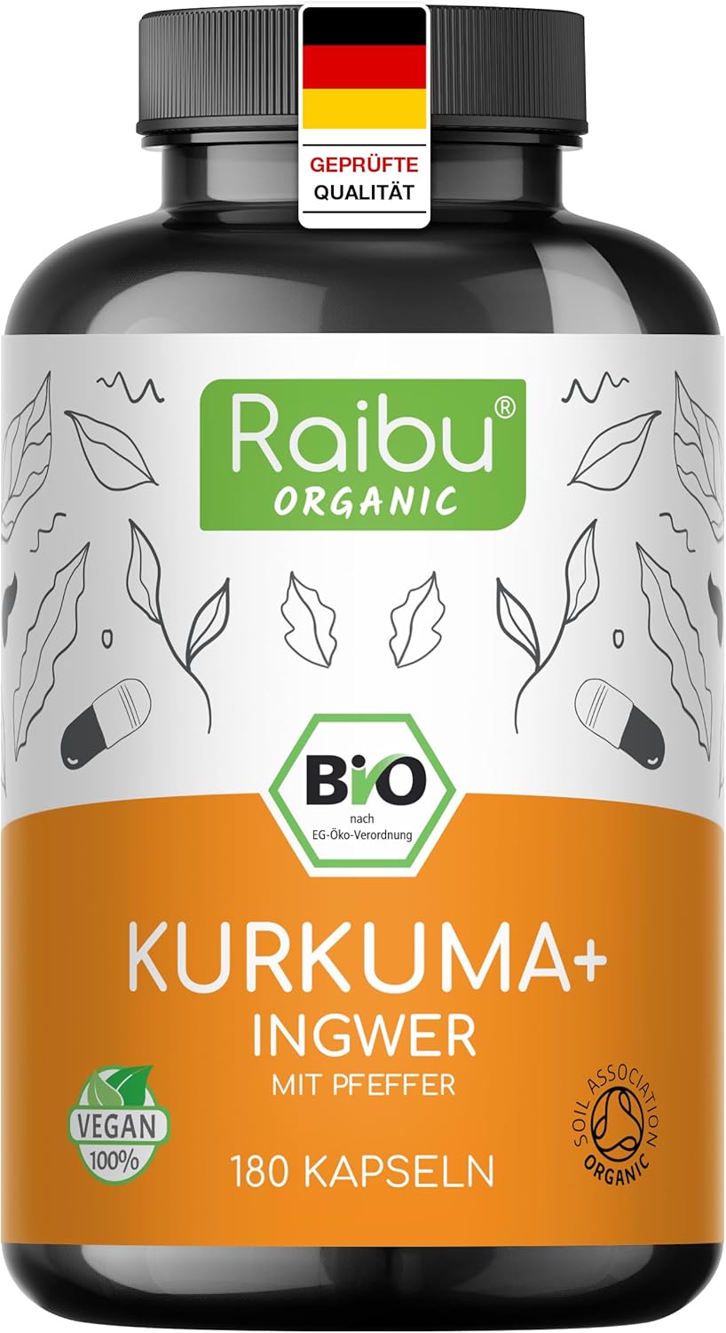 Detalle de Raibu BIO Kurkuma mit Ingwer Kapseln – Hochdosierter Bio-Komplex, 180 Kapseln, vegan, deutsch produziert