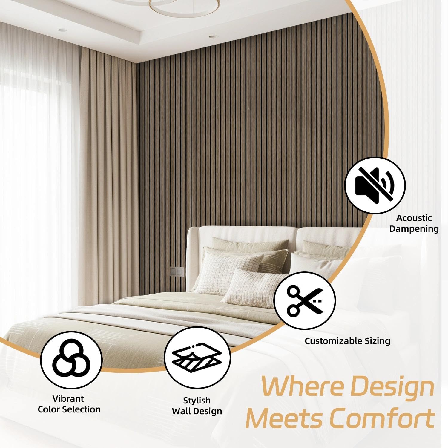 Detalle 1 de RITOLLO 8-Pack Acoustic Slat Wall Panels, Walnut-Look Polyester Fibre