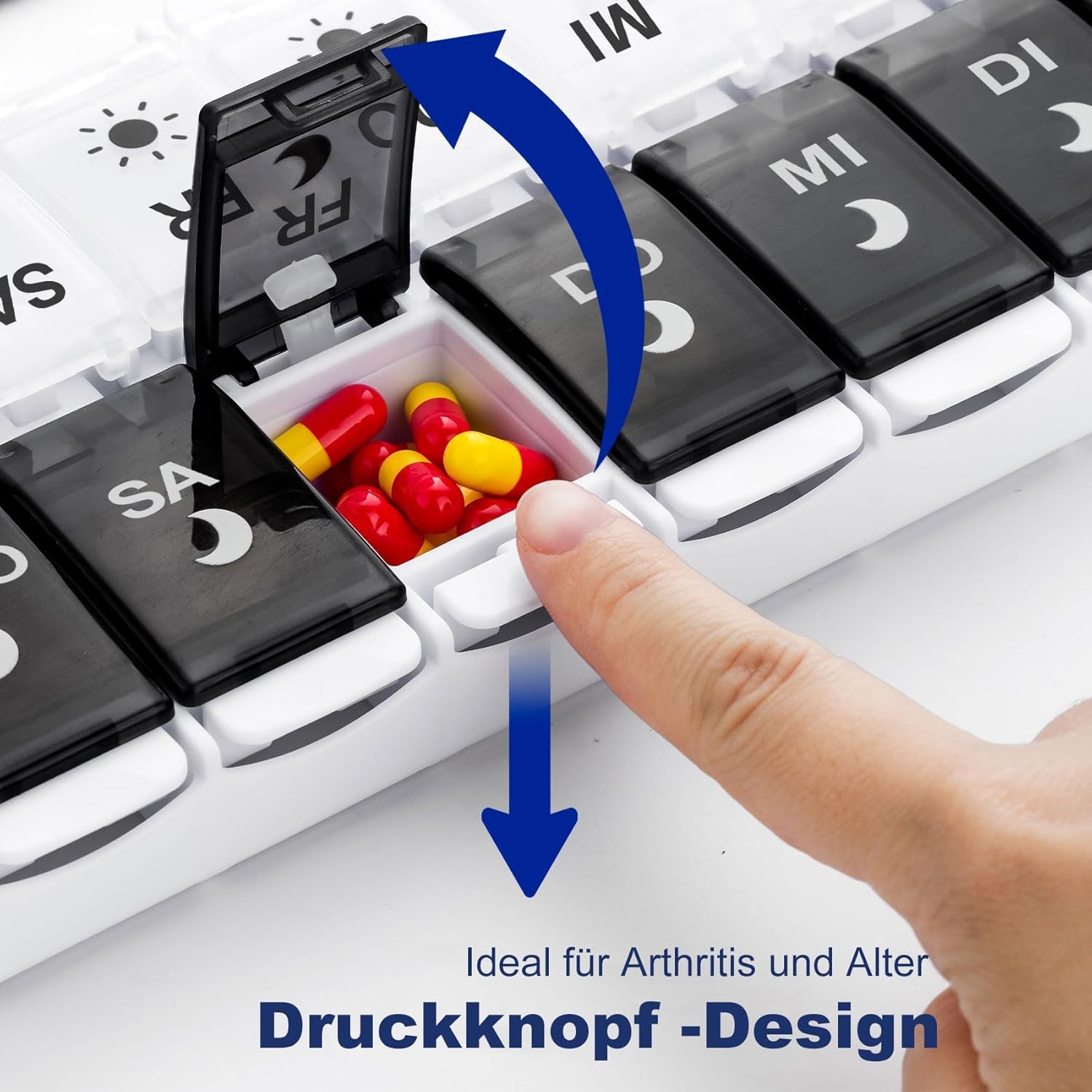 Detalle 2 de Tablettenbox 7 Tage mit 14 Fächern (2 pro Tag) für morgens/abends – Druckknopf-Design, BPA-frei