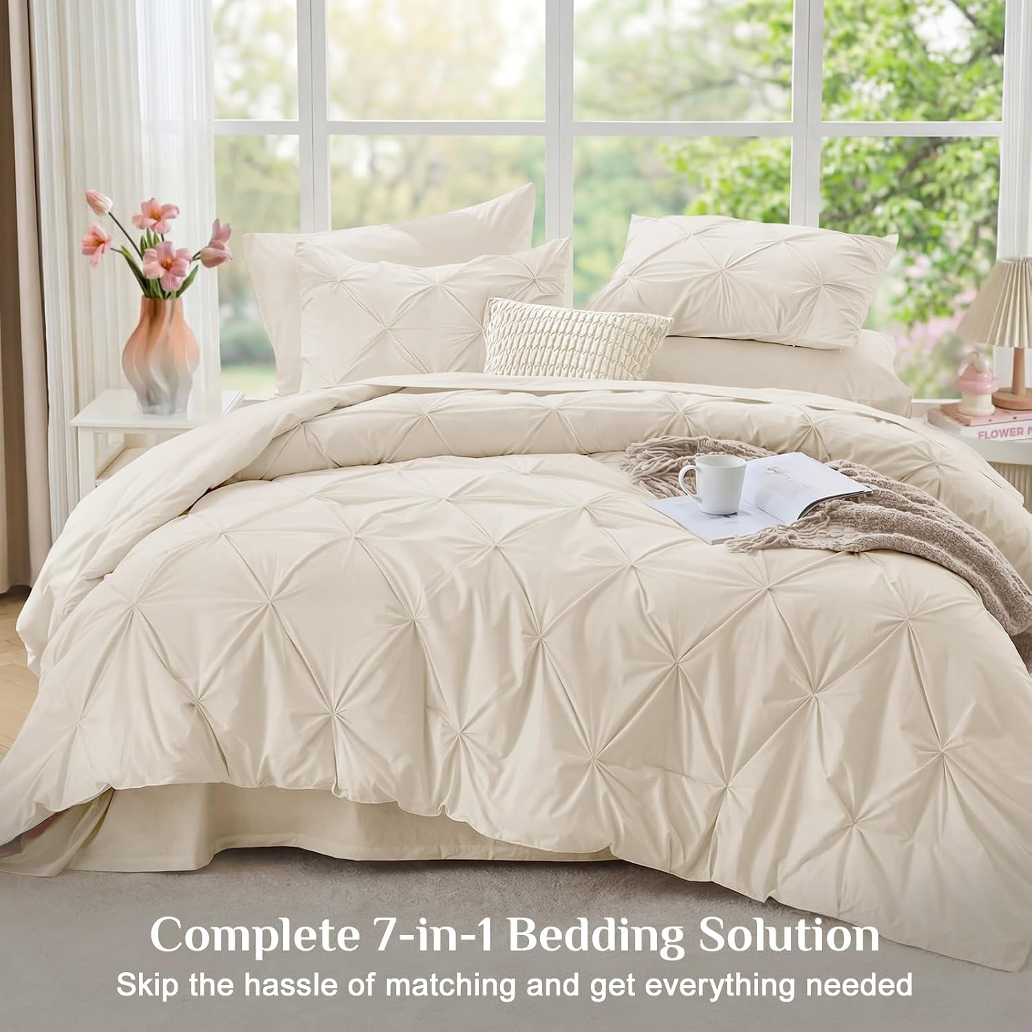 Detalle de JOLLYVOGUE Queen Comforter Set (7-Piece Bed in a Bag) - Pintuck Design, Beige