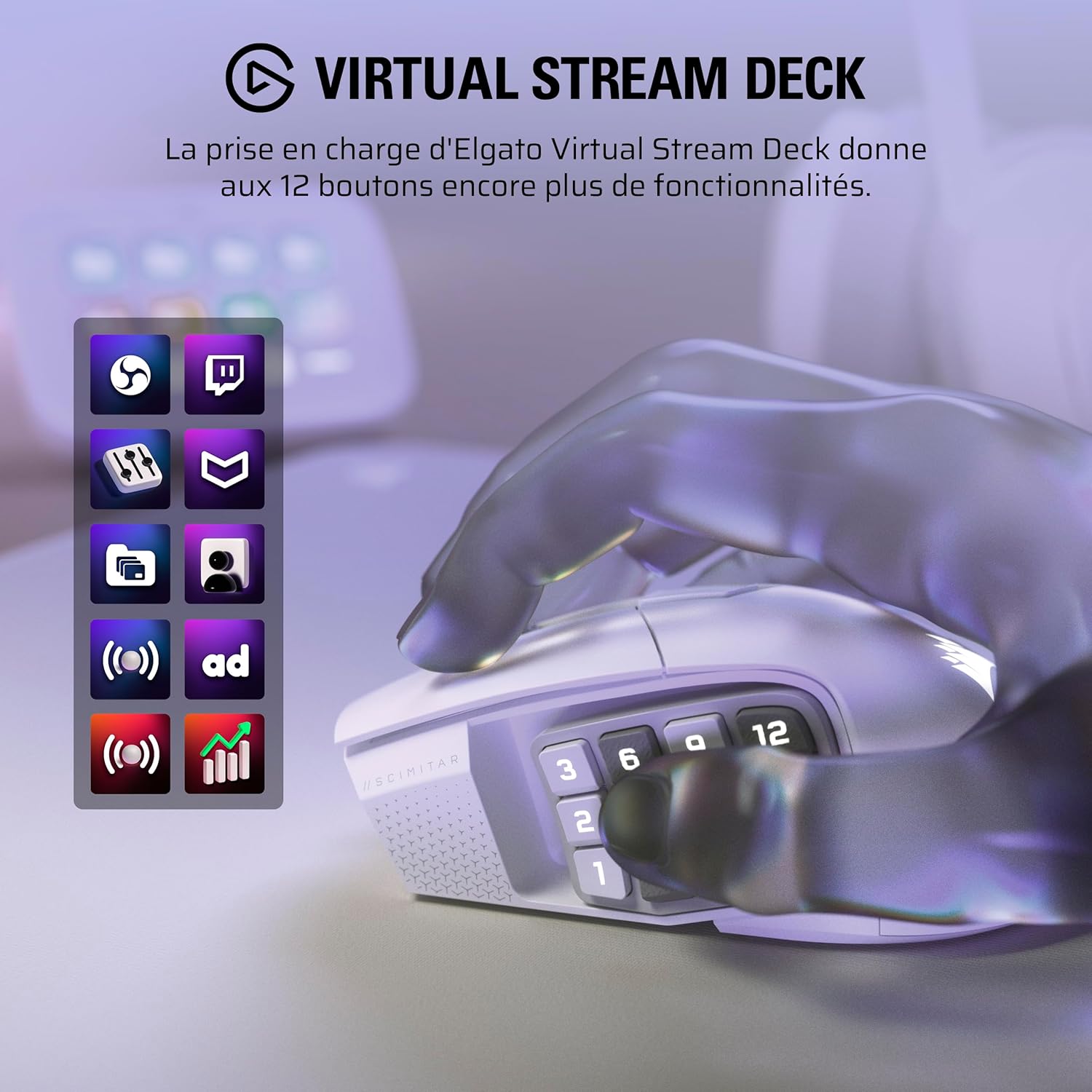 Thumbnail 4 de Corsair Scimitar Elite Wireless SE MMO: Souris de jeu premium avec 33 000 DPI, 16 boutons, et Key Slider ajustable
