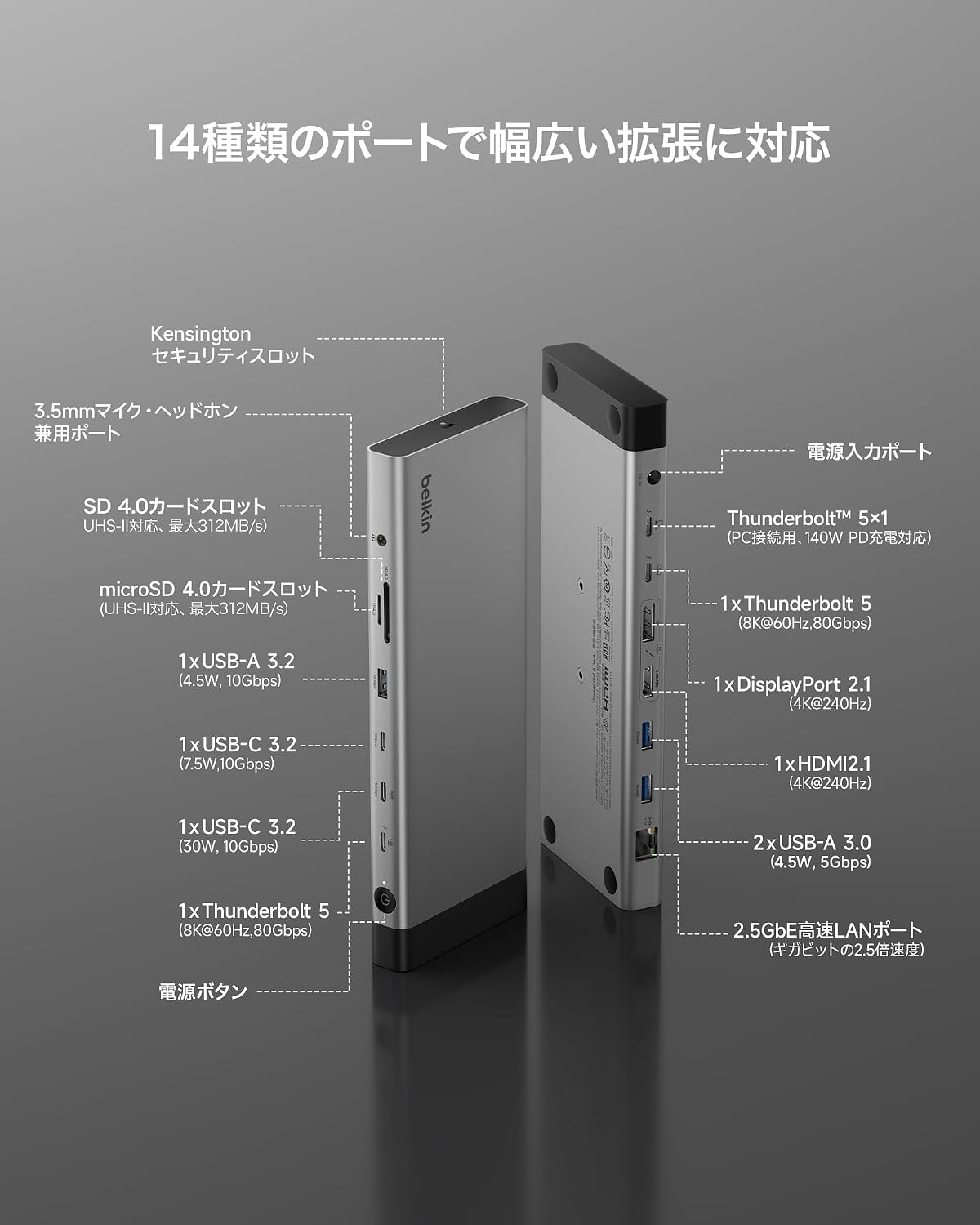 Detalle de Belkin Thunderbolt 5 ドッキングステーション 12-in-1、最大3画面・140W給電対応