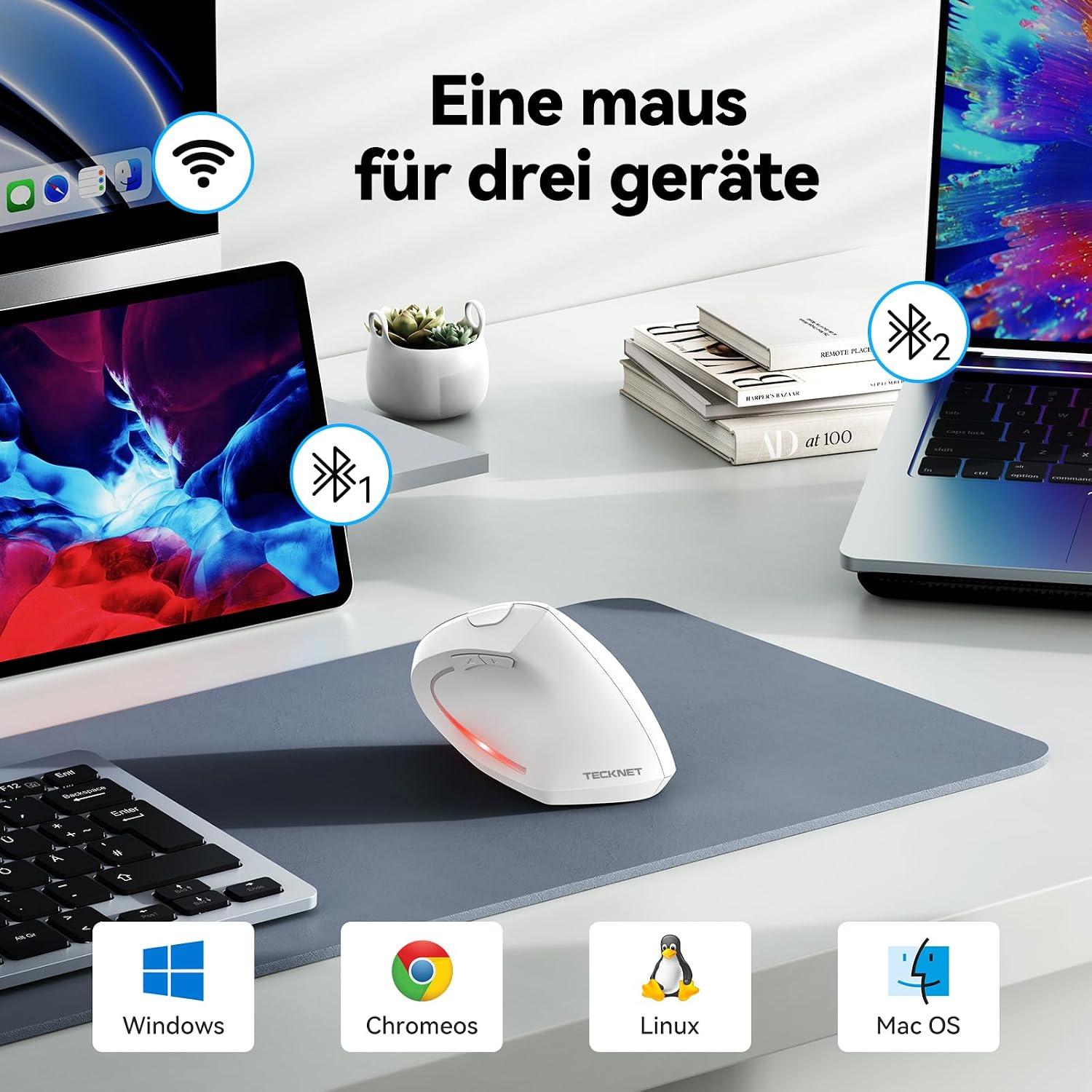 Thumbnail 2 de TECKNET ergonomische vertikale Bluetooth-Maus mit 3 Geräten (BT+BT+USB) und 6 DPI-Stufen