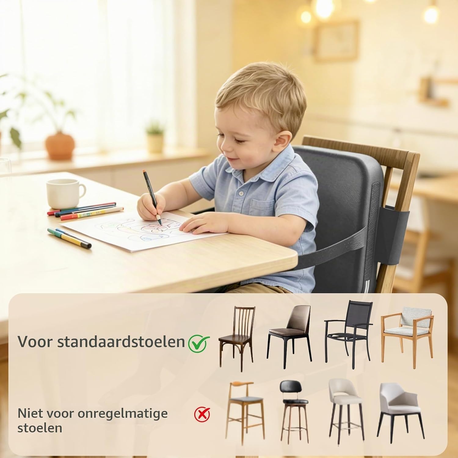 Detalle de FuGuiB zd-02 stoelverhoger voor kinderen, grijs, verstelbare riem, 3–12 jaar