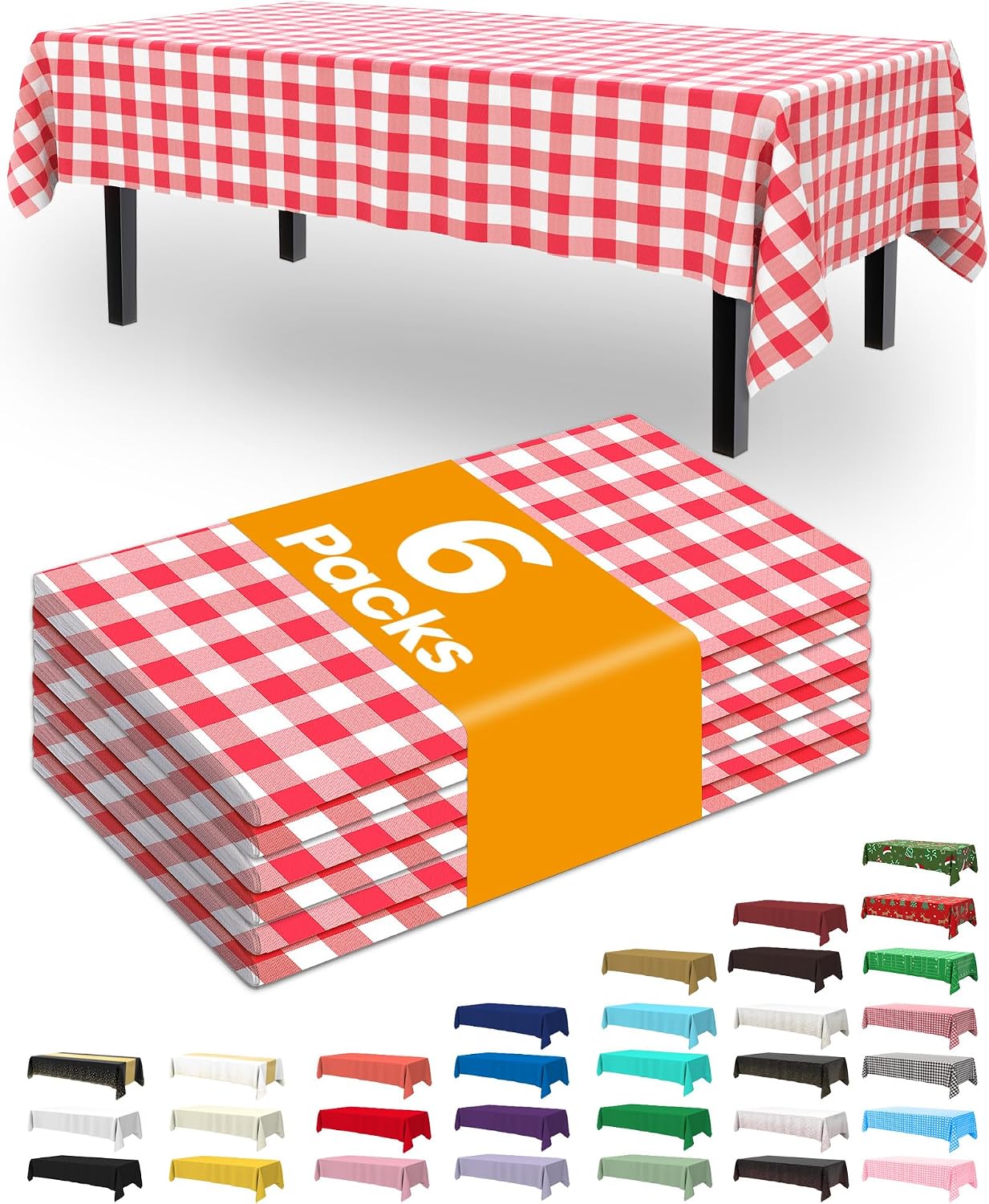 Detalle de Pureegg Plastic Table Cloth Disposable 6-Pack (54 x 108 Inch) — Red & White Gingham Checkered Cover