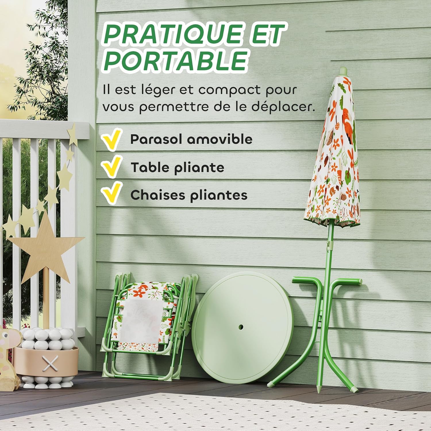 Detalle de AIYAPLAY Ensemble salon de jardin enfant 4 pièces (table, 2 chaises pliantes et parasol) motif éléphant et girafe