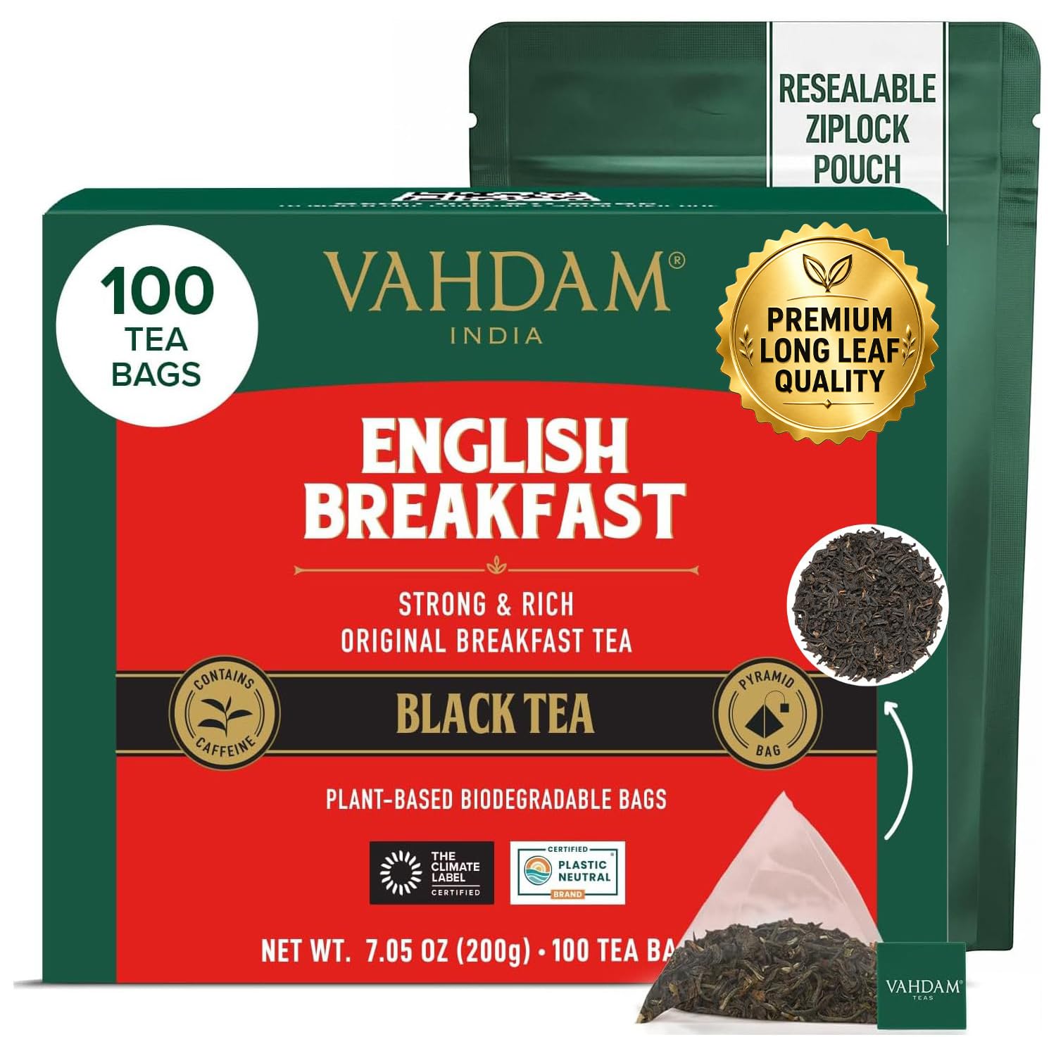 Detalle de VAHDAM English Breakfast Schwarz Tee (100 Teebeutel) – kräftiger Schwarztee als Kaffee-Ersatz, glutenfrei